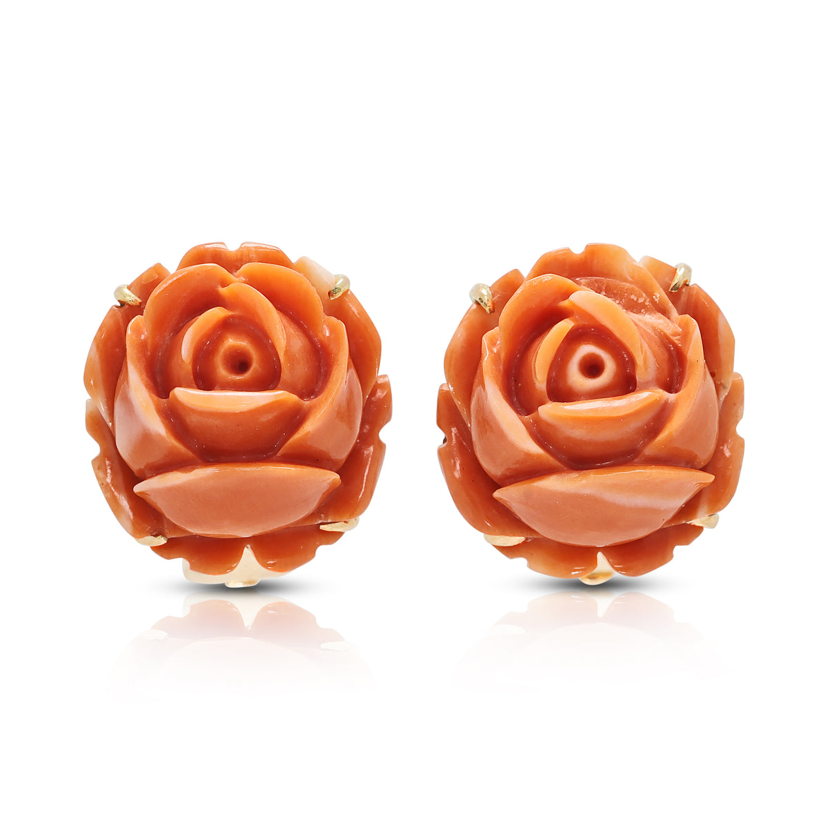 Magnificent Carved Coral Rose Studs in 14K Rose Gold