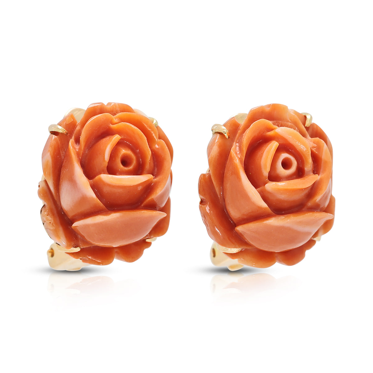 Magnificent Carved Coral Rose Studs in 14K Rose Gold