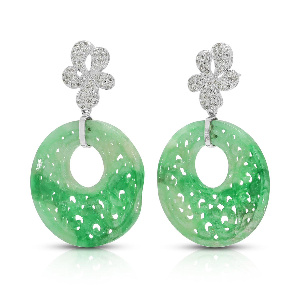 Majestic Carved Jade and 0.85ct Natural Diamond Dangling Earrings in 18K White Gold