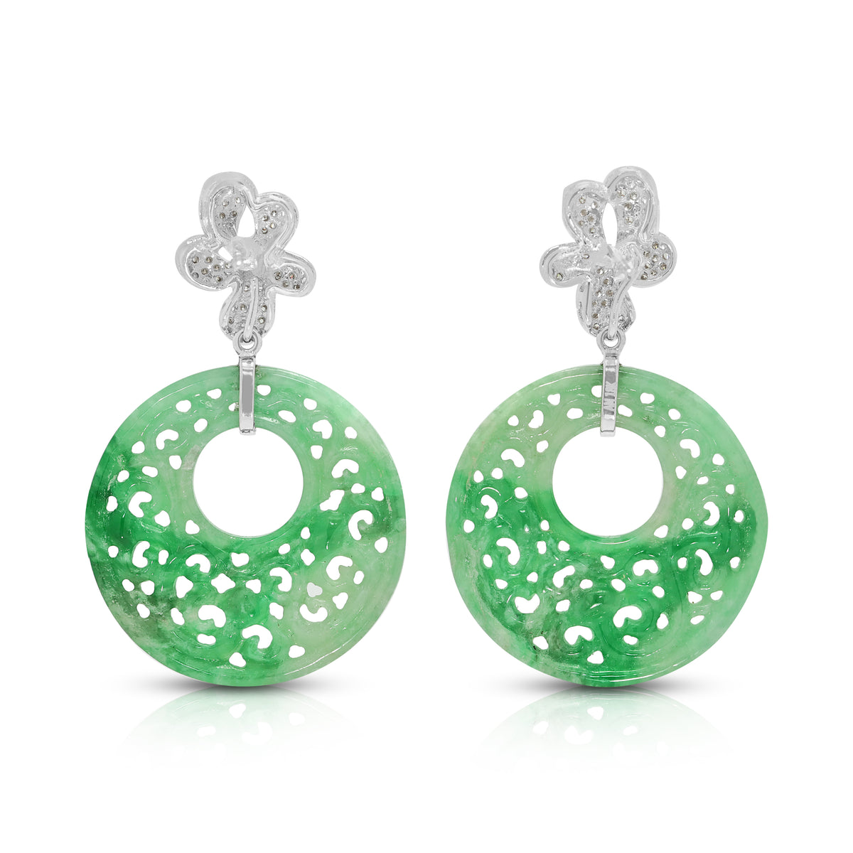 Majestic Carved Jade and 0.85ct Natural Diamond Dangling Earrings in 18K White Gold