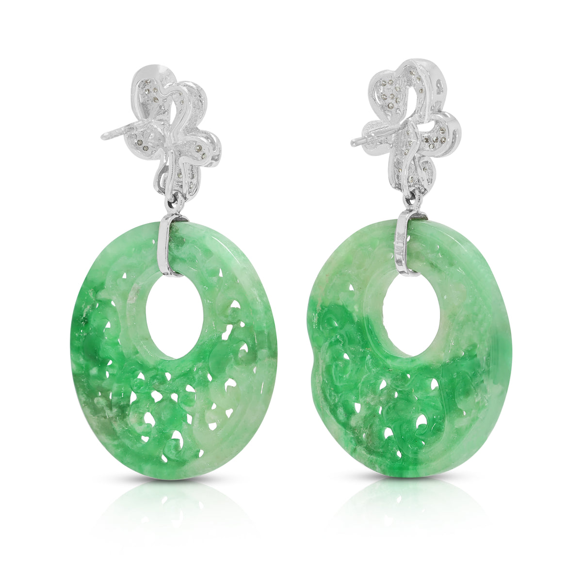 Majestic Carved Jade and 0.85ct Natural Diamond Dangling Earrings in 18K White Gold