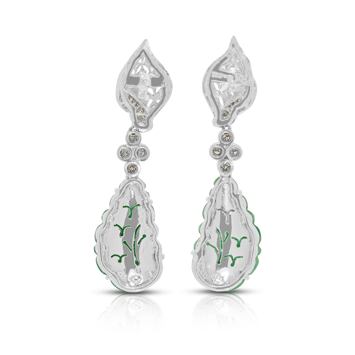 Exquisite Carved Jade and 0.30ct Natural Diamond Dangling Earrings in 18K White Gold