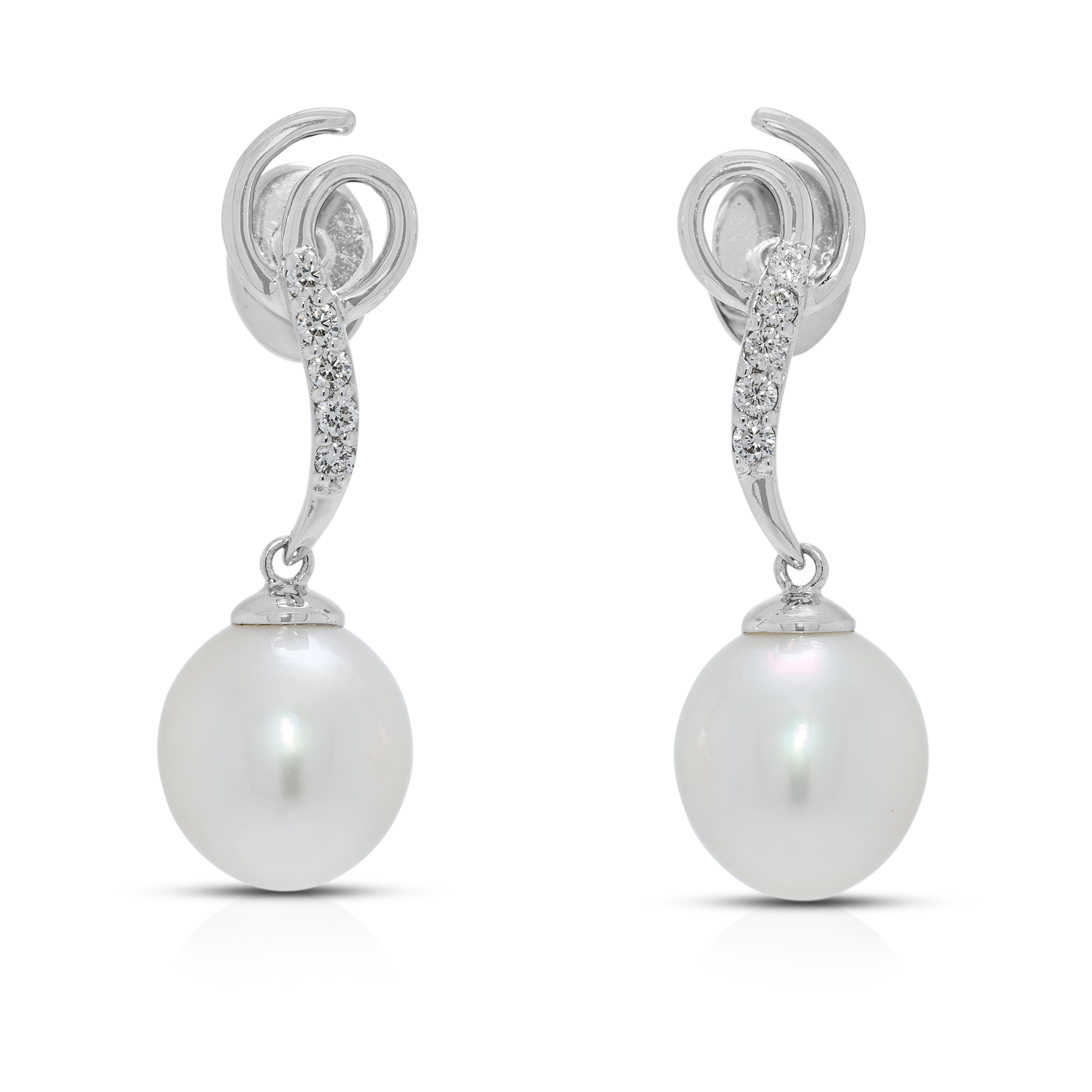 Graceful 10.1mm Freshwater Pearl & 0.1ct Natural Diamond Drop Earrings in 18K White Gold