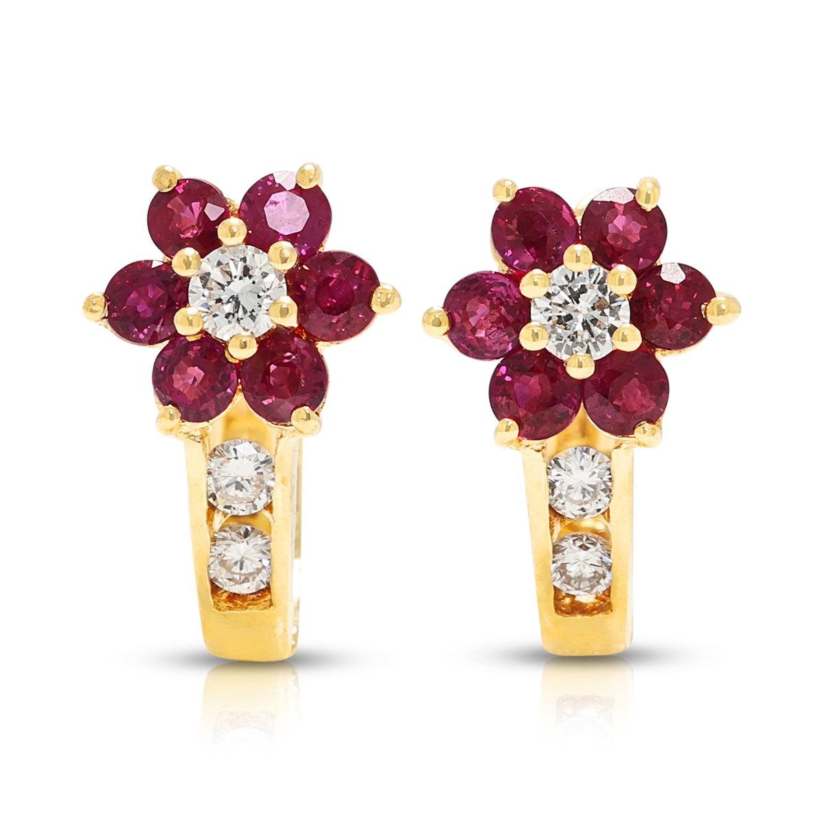 Splendid 0.72ct Ruby and 0.16ct Natural Diamond Flower Hoop Earrings in 20K Yellow Gold