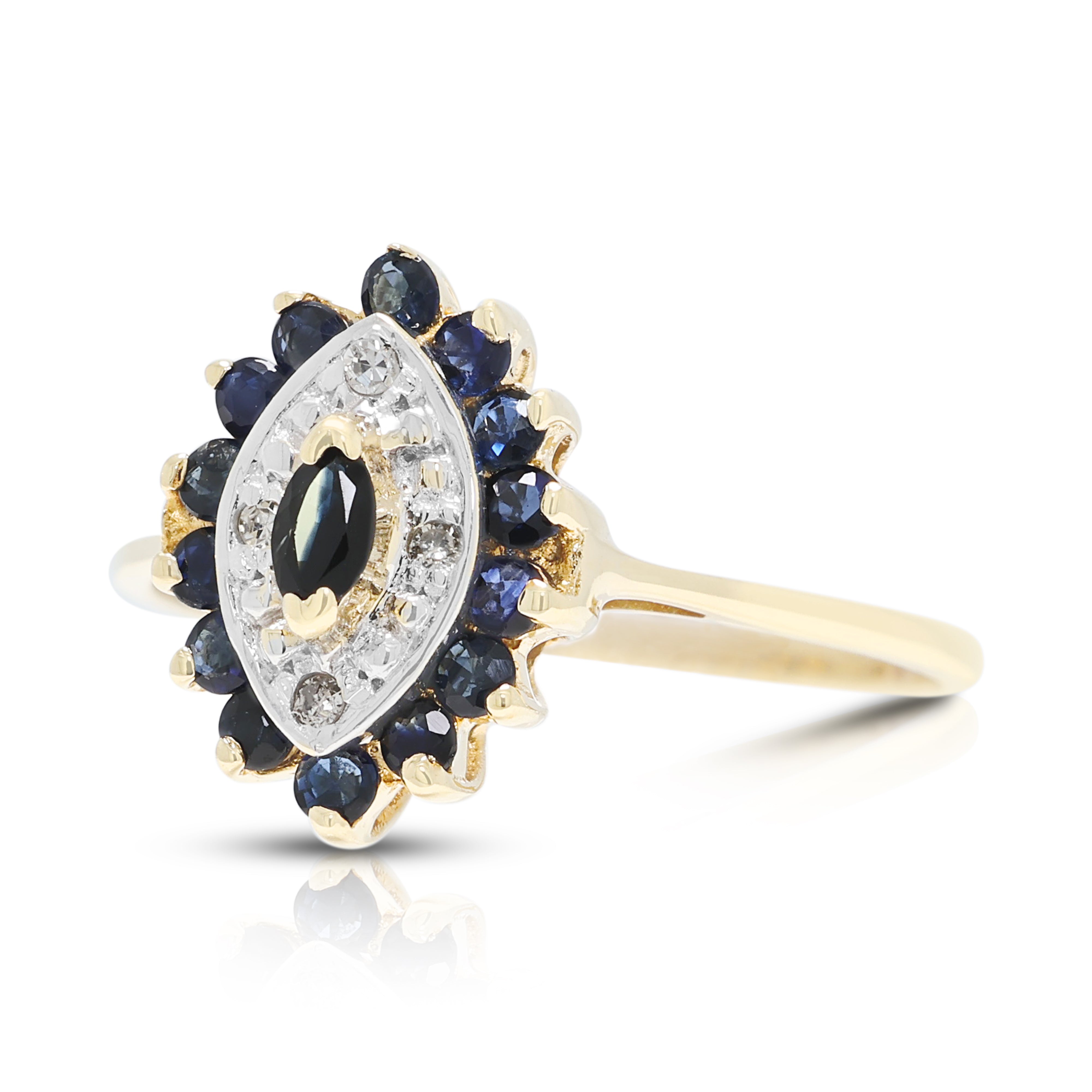 Elegant 0.26ct Sapphire and 0.02ct Natural Diamond Marquise Cluster Ring in 10K Two-Tone Gold