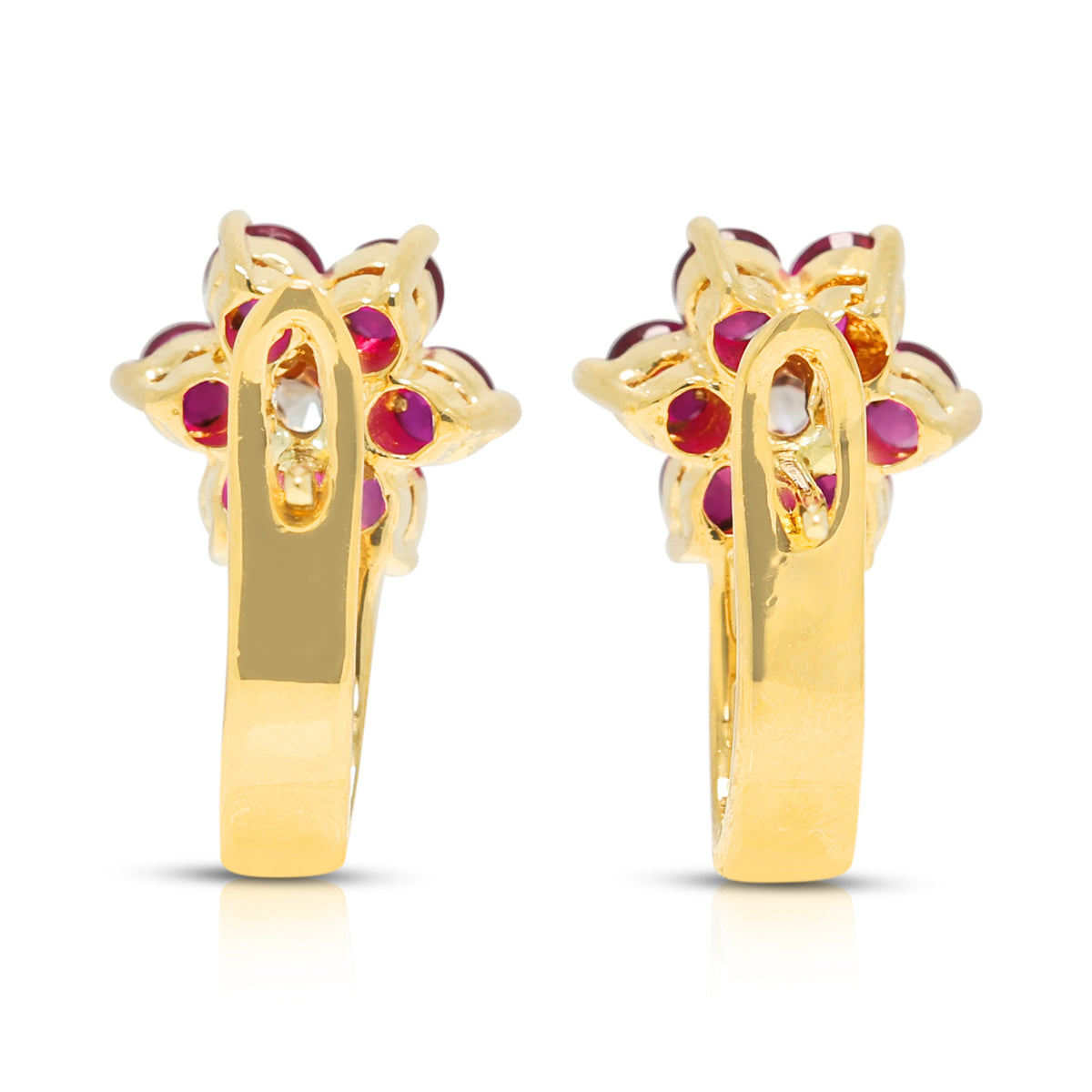 Splendid 0.72ct Ruby and 0.16ct Natural Diamond Flower Hoop Earrings in 20K Yellow Gold