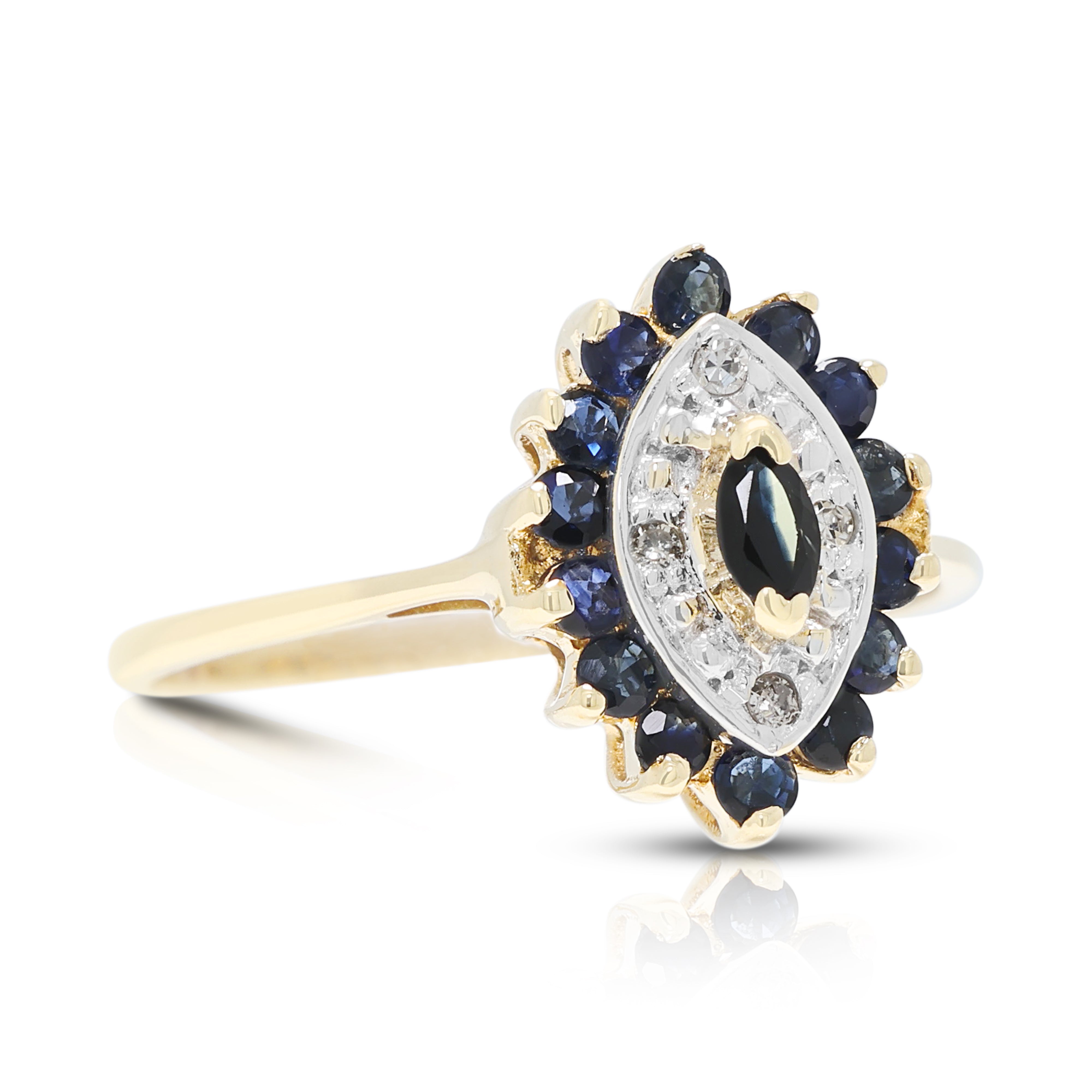 Elegant 0.26ct Sapphire and 0.02ct Natural Diamond Marquise Cluster Ring in 10K Two-Tone Gold