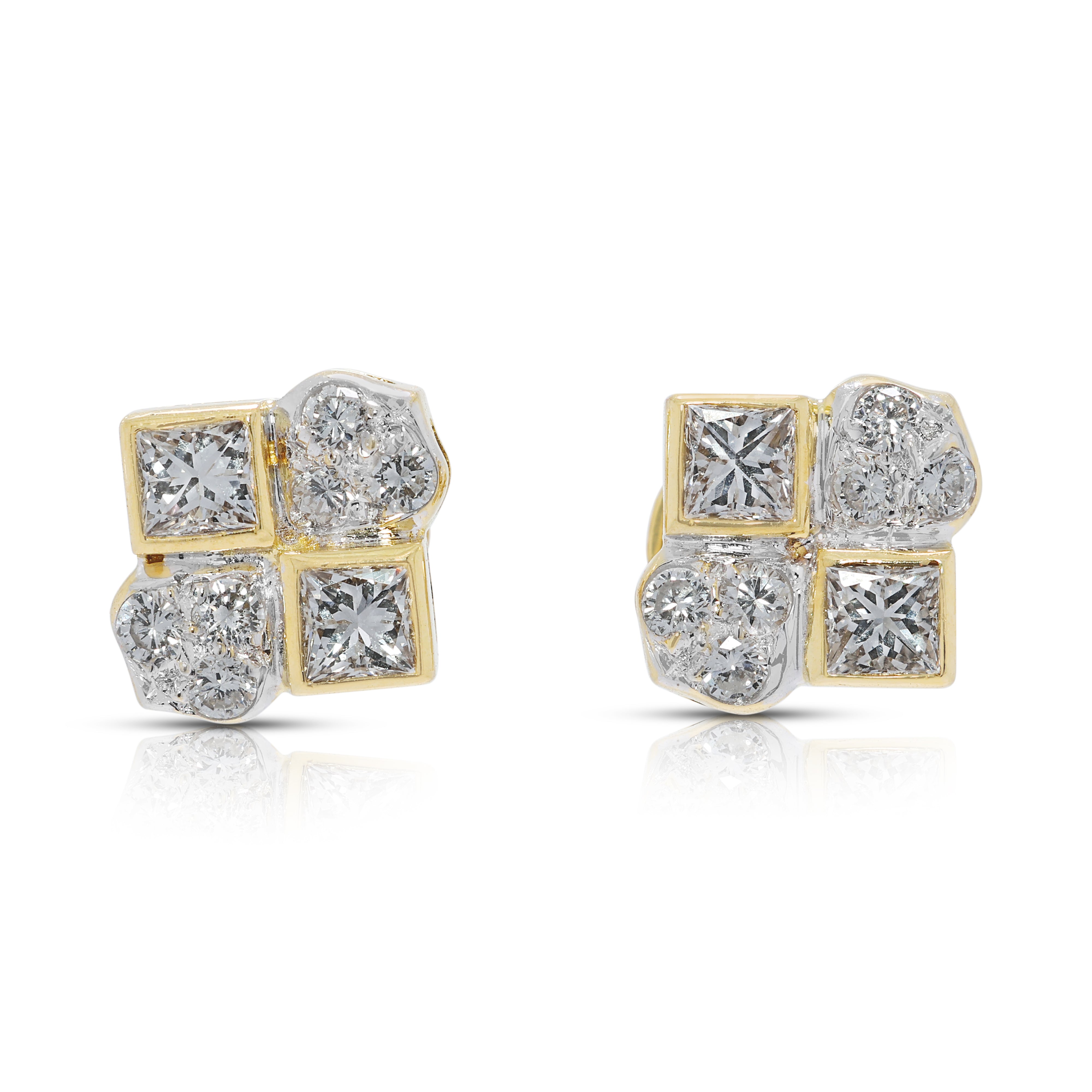 Striking 0.78ct Princess & Round Natural Diamond Earrings in 18K Two-Toned Gold