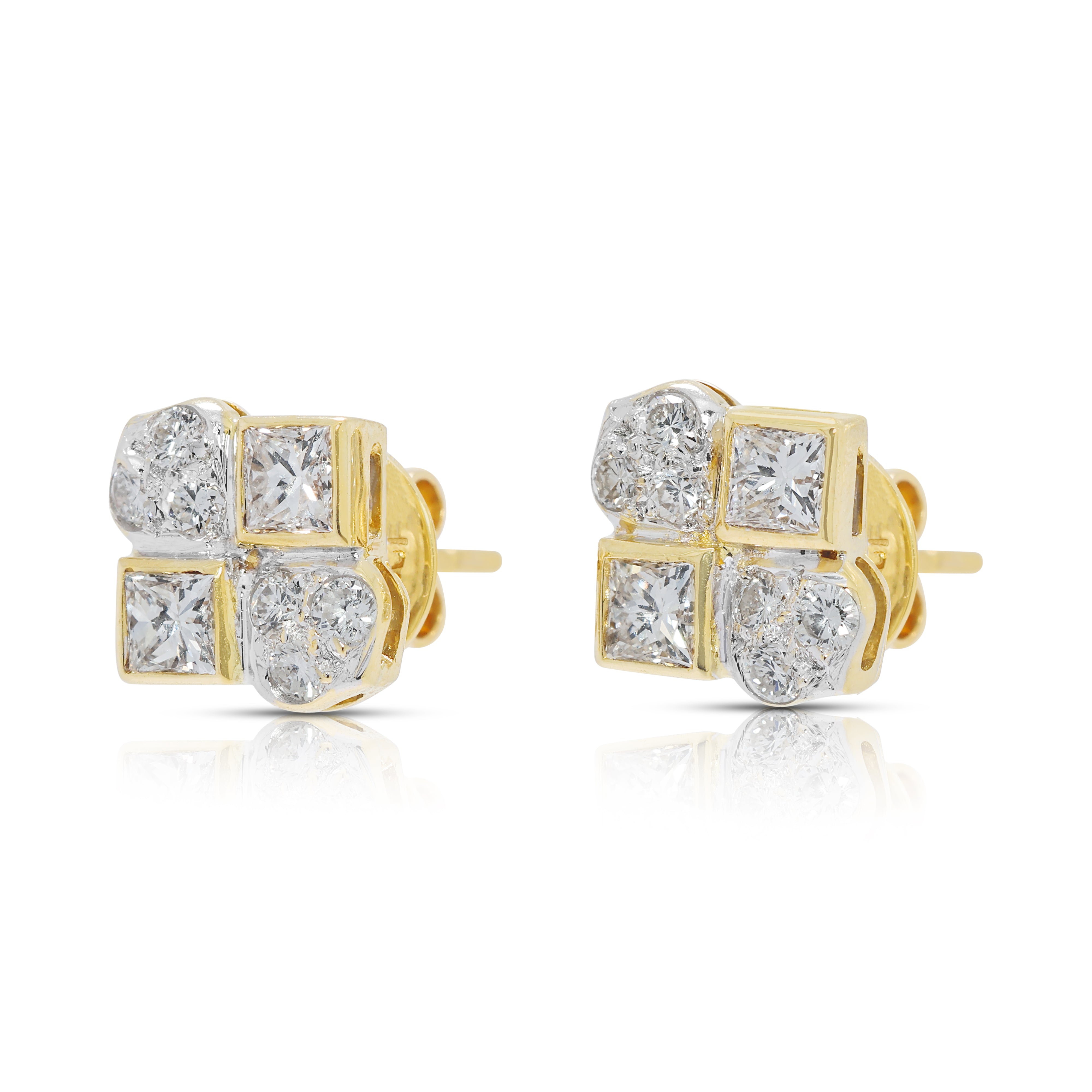 Striking 0.78ct Princess & Round Natural Diamond Earrings in 18K Two-Toned Gold
