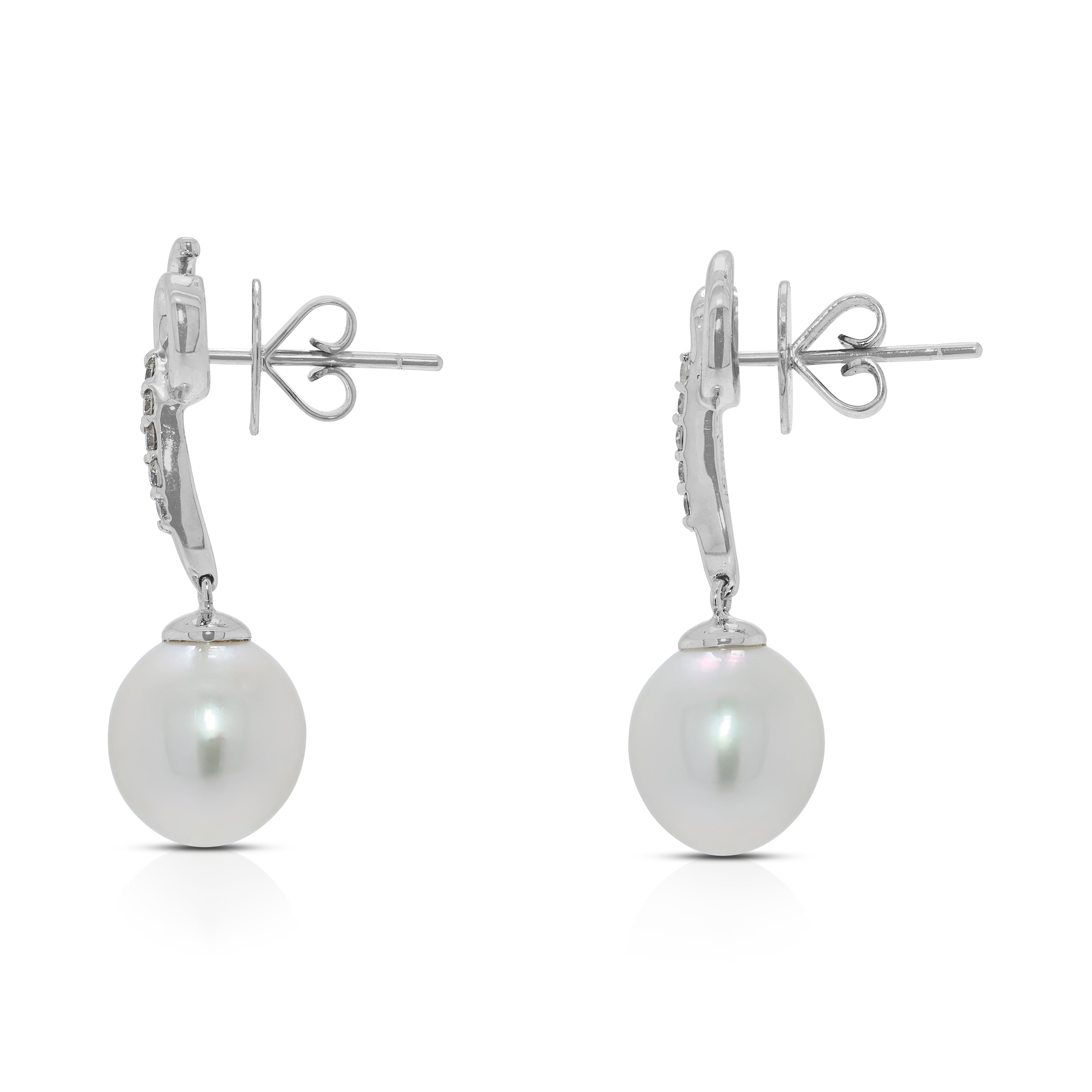 Graceful 10.1mm Freshwater Pearl & 0.1ct Natural Diamond Drop Earrings in 18K White Gold