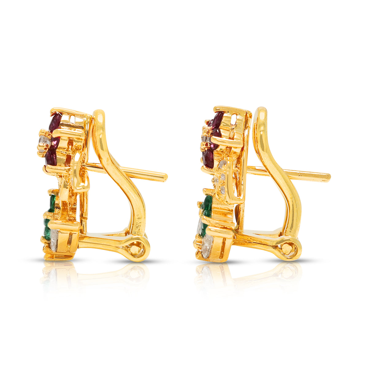 Enchanting 0.10ct Ruby 0.04ct Emerald and 0.33ct Natural Diamond Floral Hoop Earrings in 18K Yellow Gold