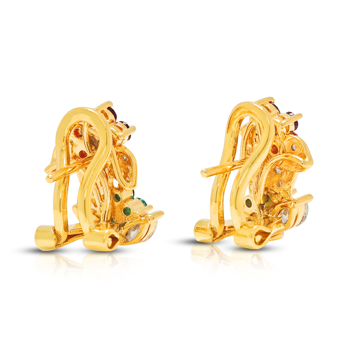 Enchanting 0.10ct Ruby 0.04ct Emerald and 0.33ct Natural Diamond Floral Hoop Earrings in 18K Yellow Gold
