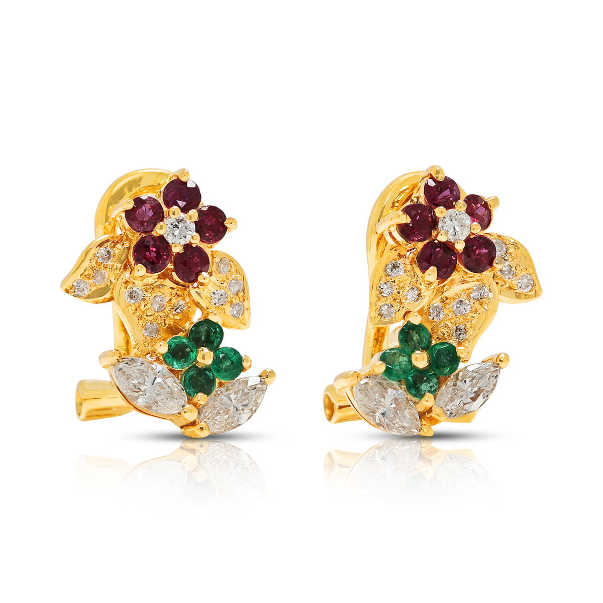Enchanting 0.10ct Ruby 0.04ct Emerald and 0.33ct Natural Diamond Floral Hoop Earrings in 18K Yellow Gold