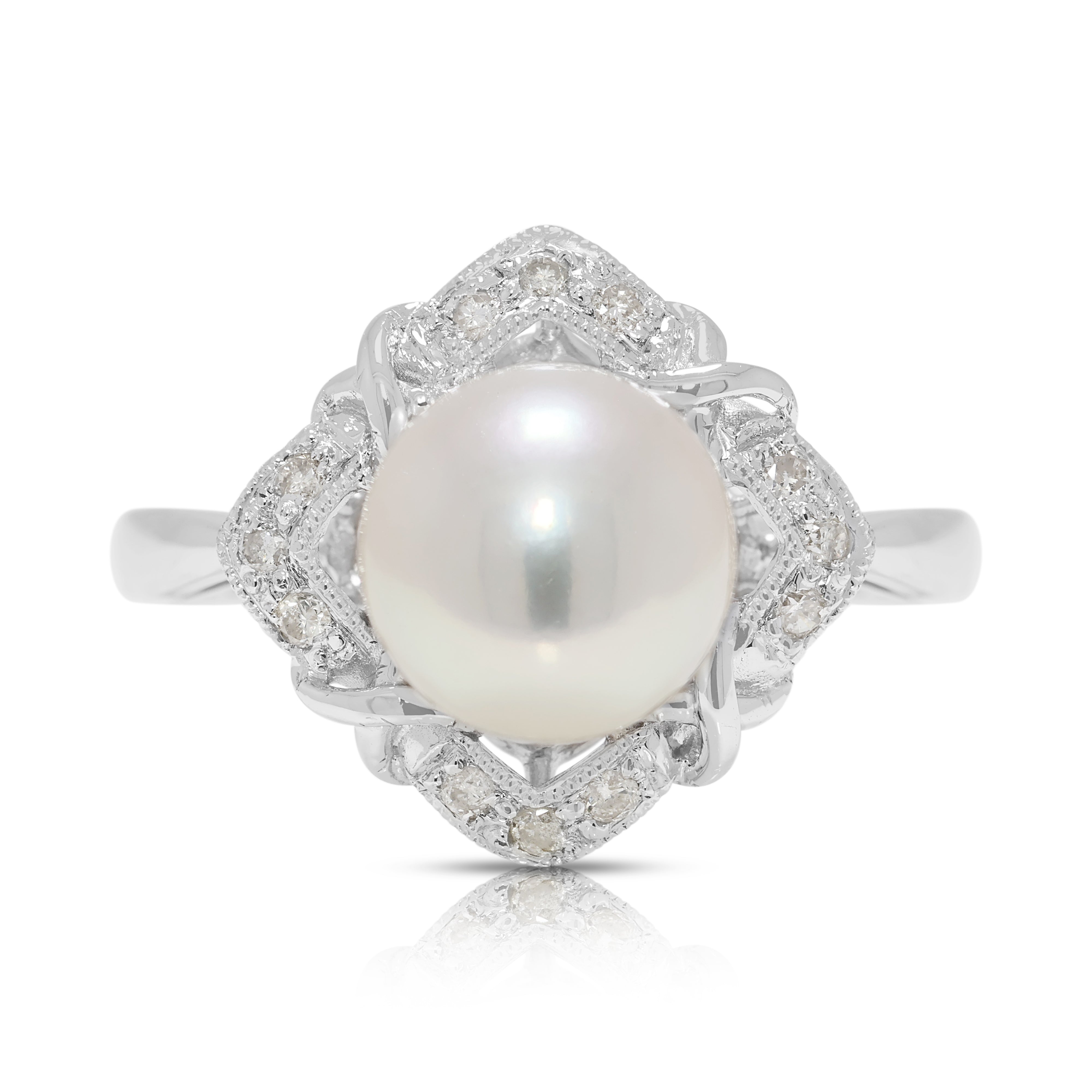 Lustrous 8.2mm Akoya Pearl & 0.12ct Natural Diamond Ring in 18K White Gold (New)