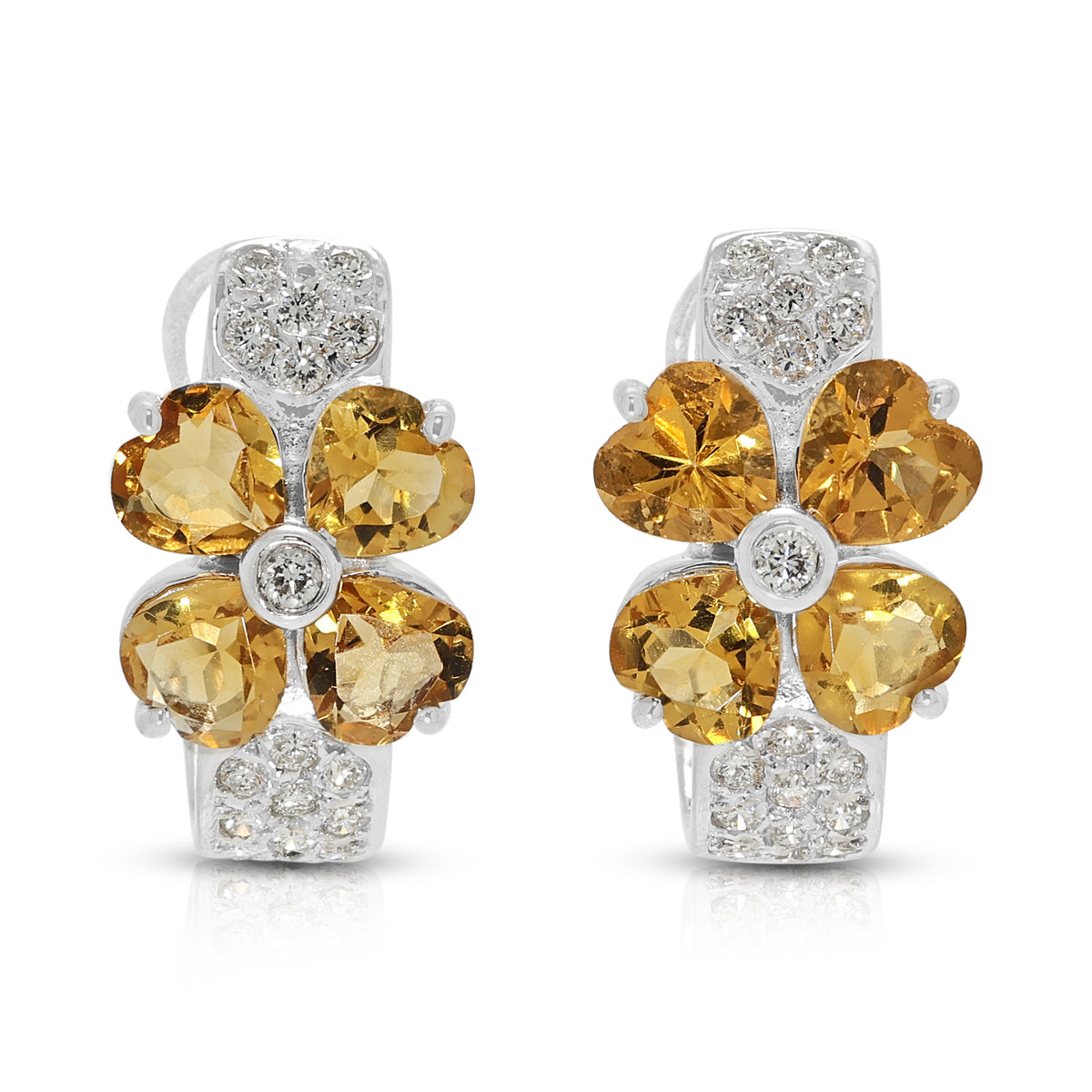 Radiant 2.40ct Citrine and 0.34ct Natural Diamond Flower Hoop Earrings in 18K White Gold
