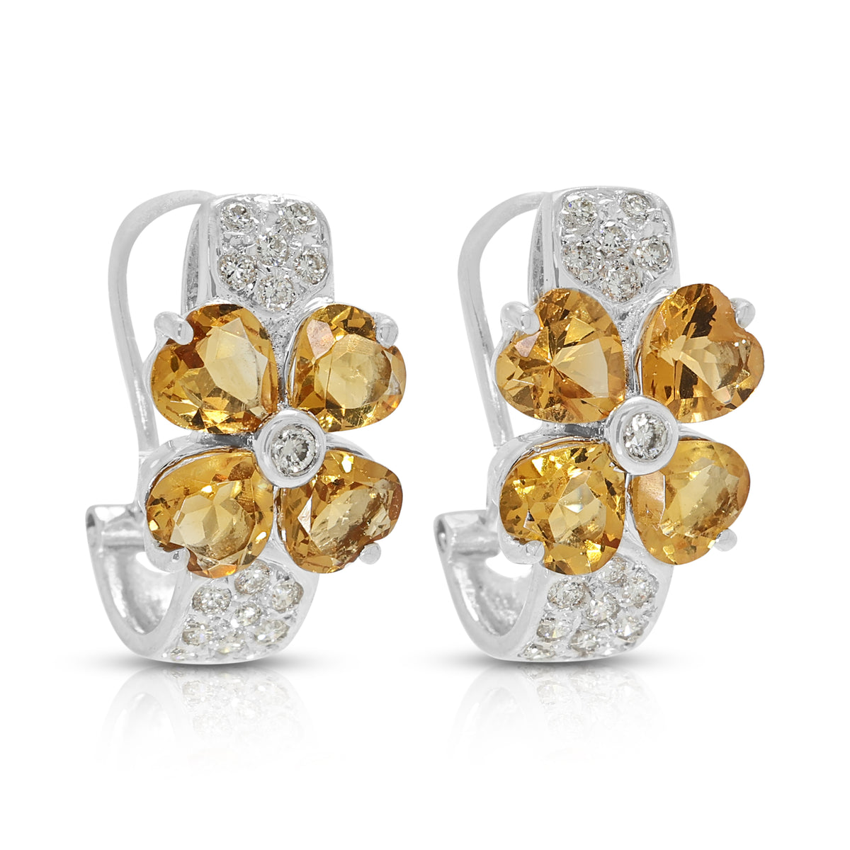 Radiant 2.40ct Citrine and 0.34ct Natural Diamond Flower Hoop Earrings in 18K White Gold