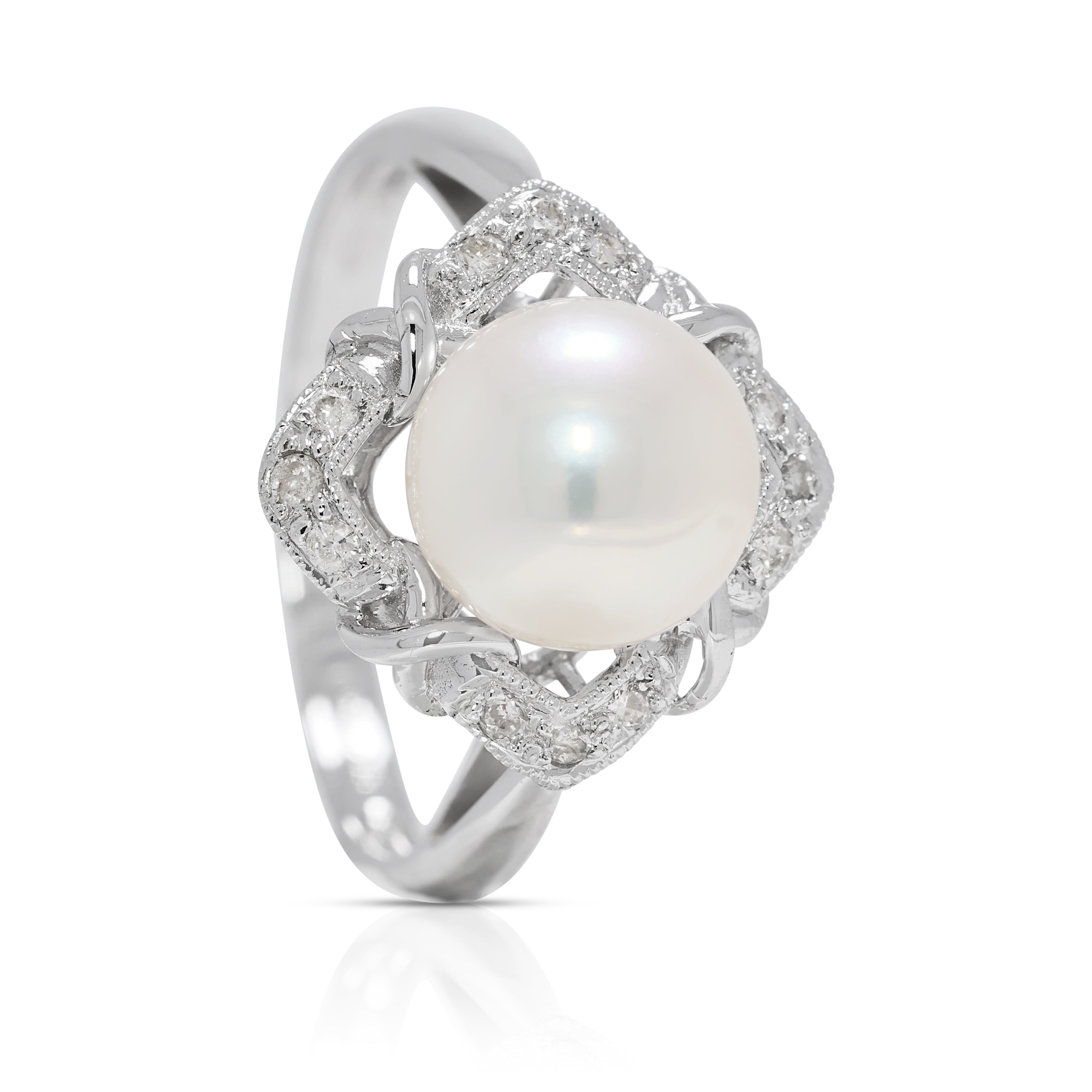 Lustrous 8.2mm Akoya Pearl & 0.12ct Natural Diamond Ring in 18K White Gold (New)
