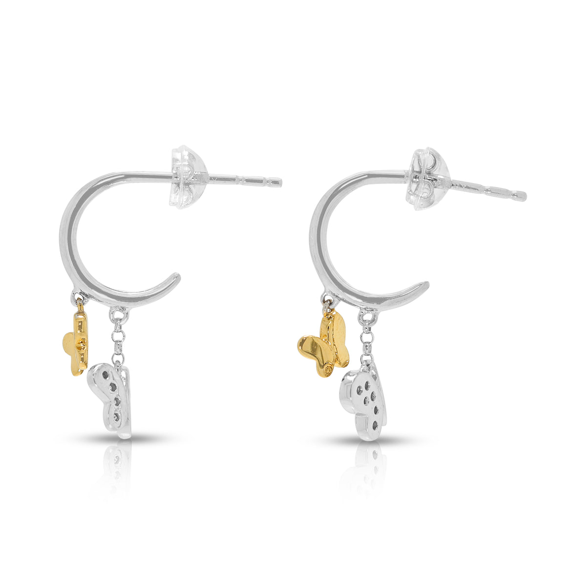 Enchanting 0.10ct Natural Diamond Butterfly Dangling Earrings in 18K White and Yellow Gold