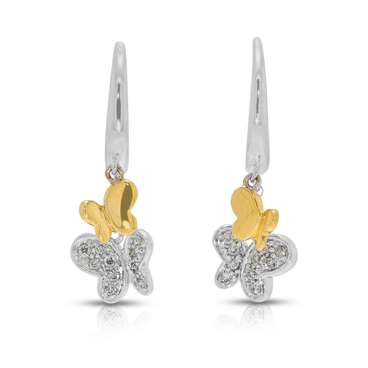 Enchanting 0.10ct Natural Diamond Butterfly Dangling Earrings in 18K White and Yellow Gold