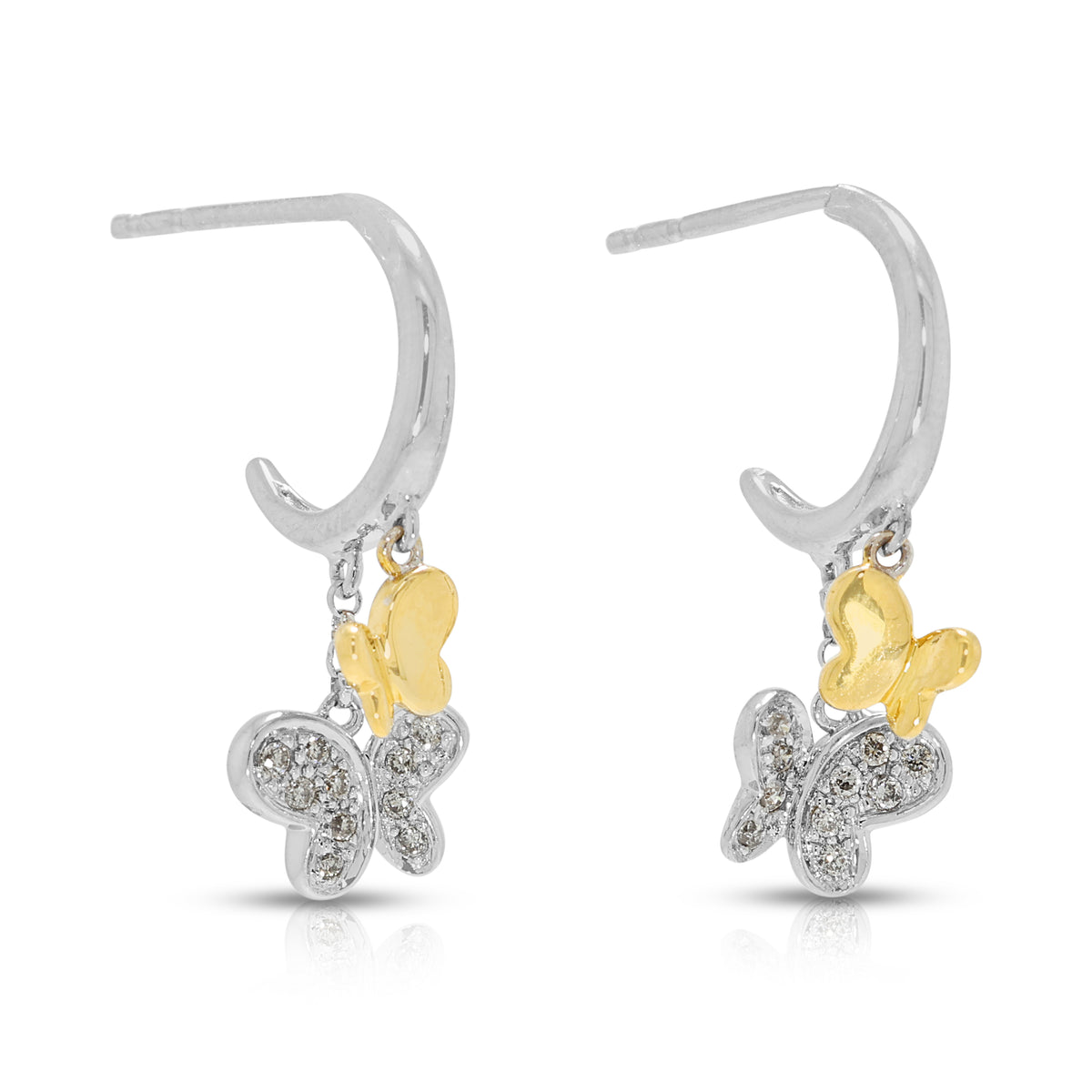Enchanting 0.10ct Natural Diamond Butterfly Dangling Earrings in 18K White and Yellow Gold