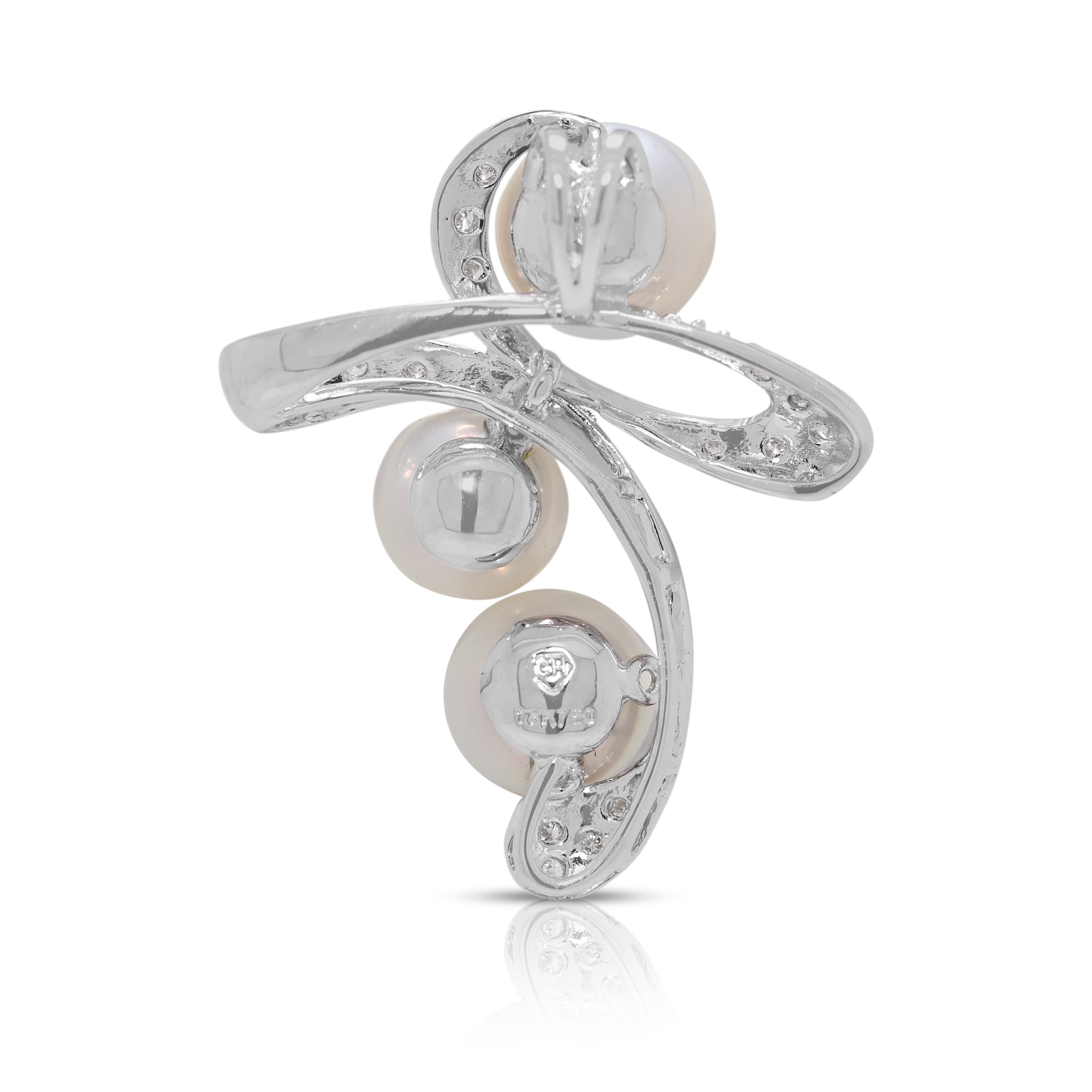 Delicate 3pcs Akoya Pearl & 0.04ct Natural Diamond Pendant in 18K White Gold