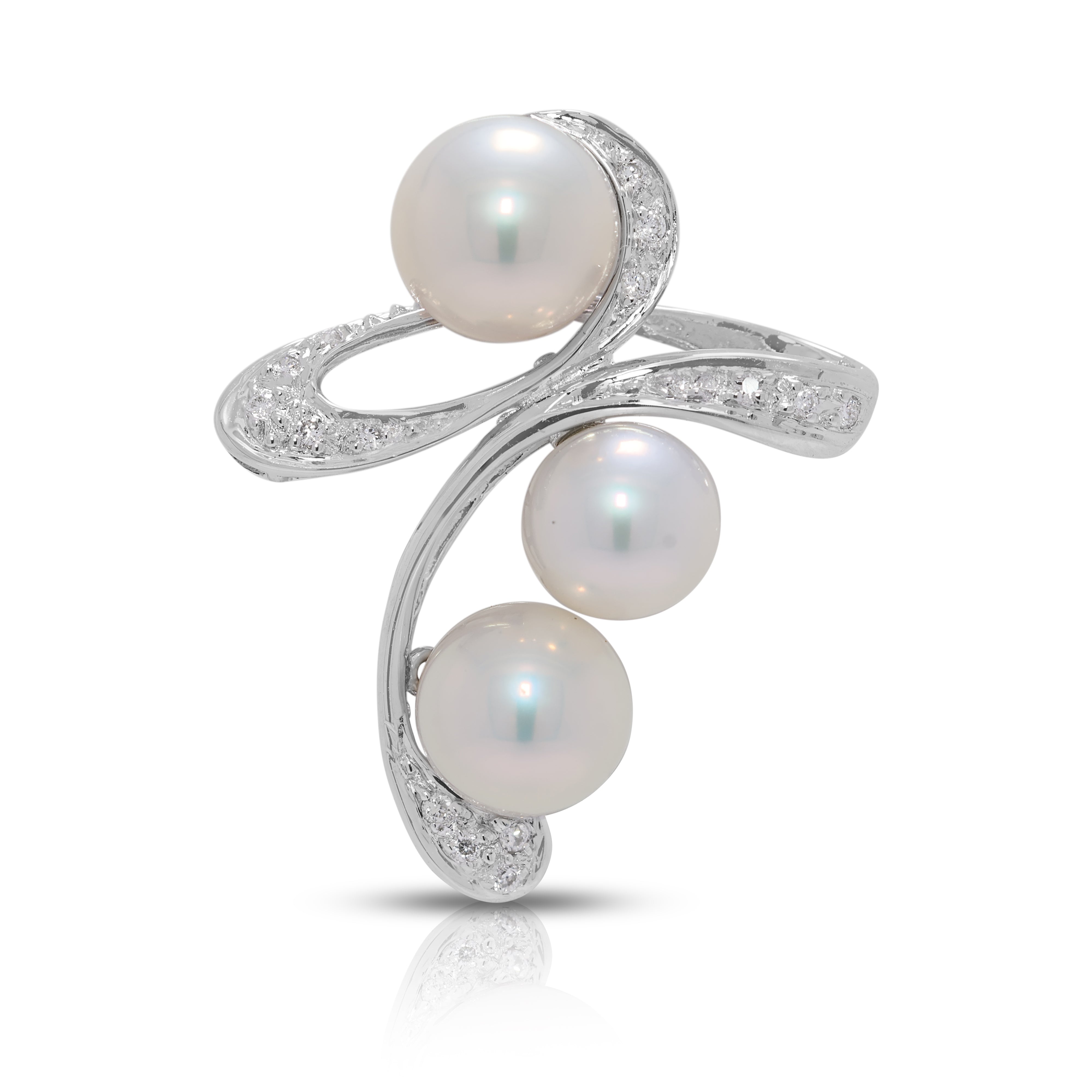 Delicate 3pcs Akoya Pearl & 0.04ct Natural Diamond Pendant in 18K White Gold