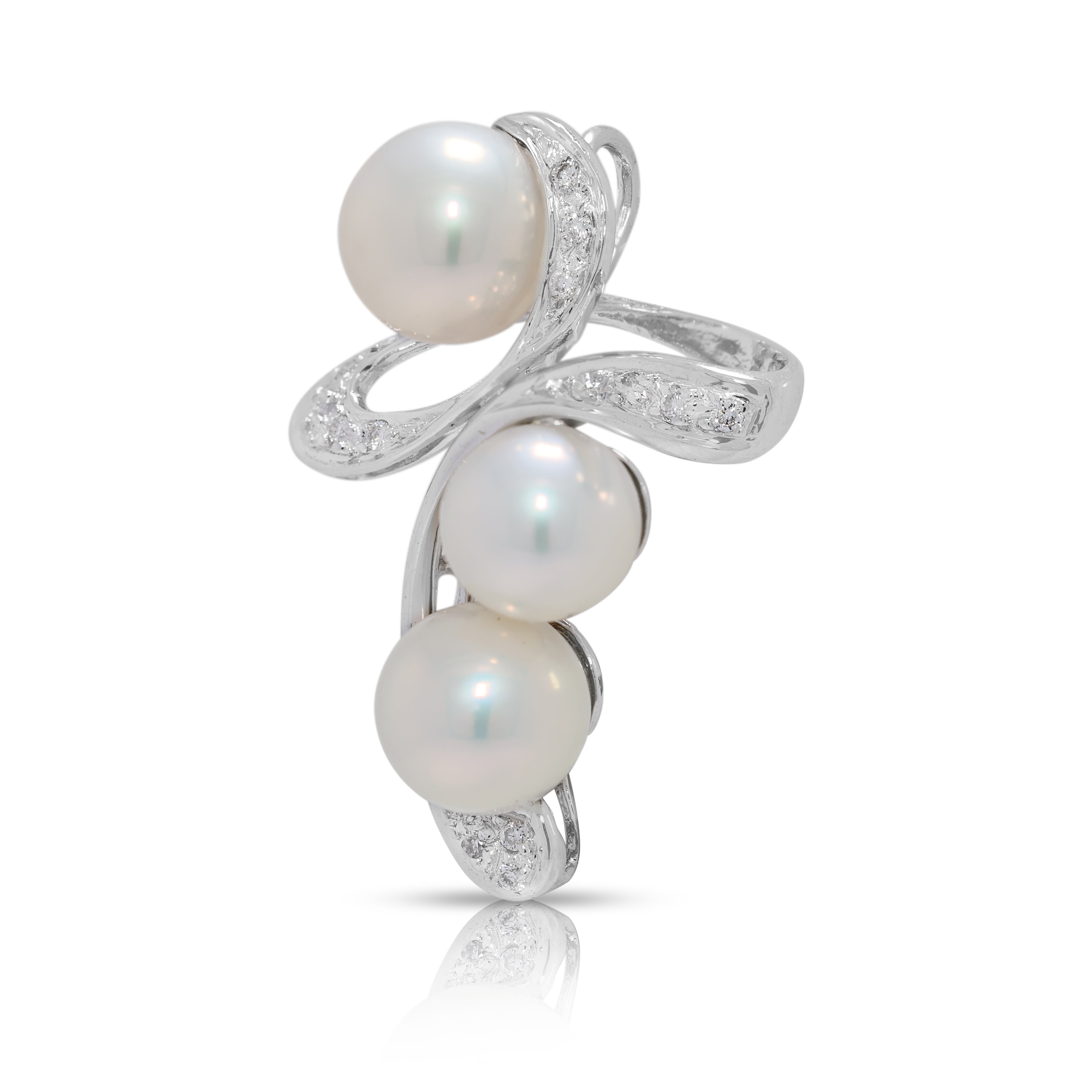 Delicate 3pcs Akoya Pearl & 0.04ct Natural Diamond Pendant in 18K White Gold