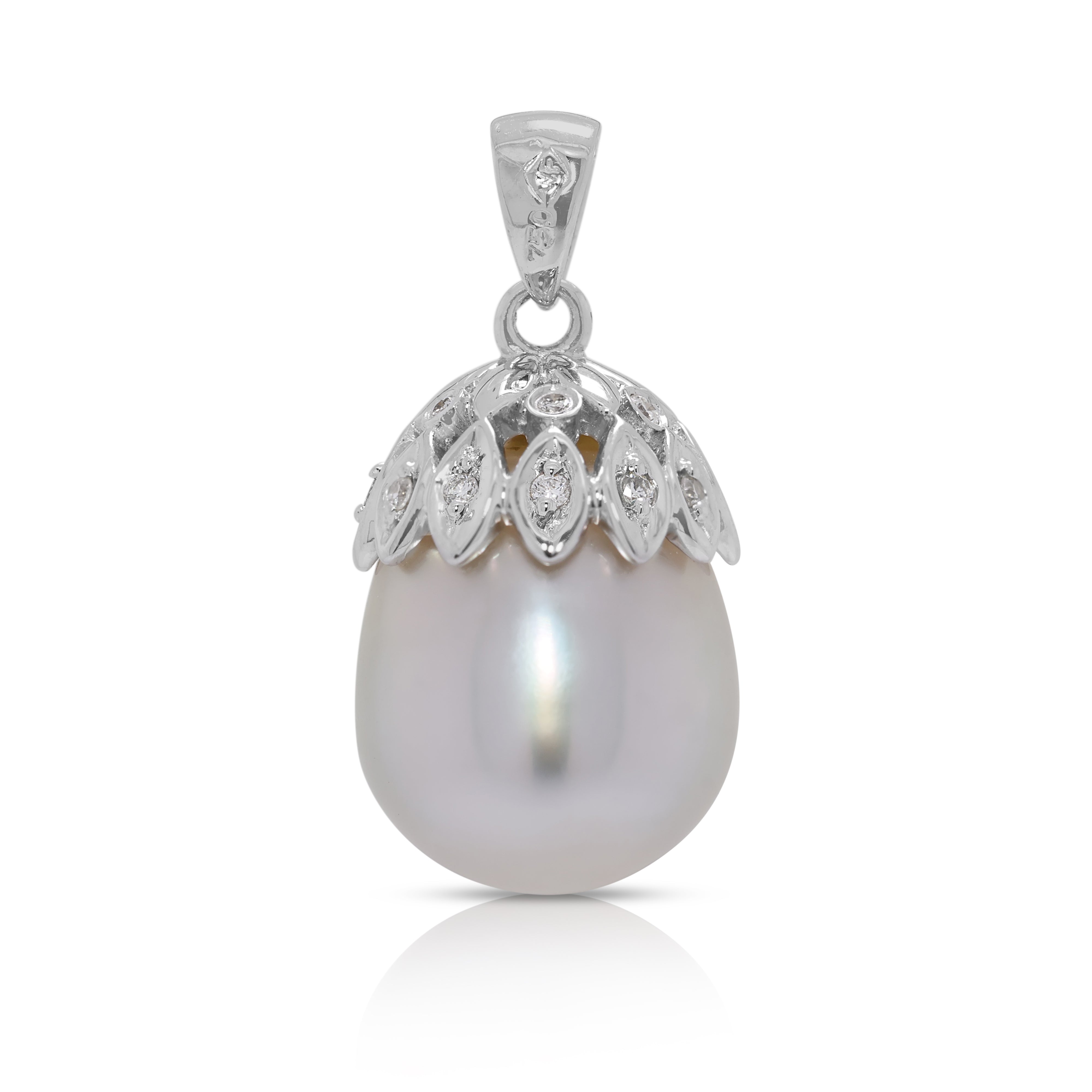 Sophisticated 12.1mm South Sea Pearl & 0.04ct Natural Diamond Pendant in 18K White Gold