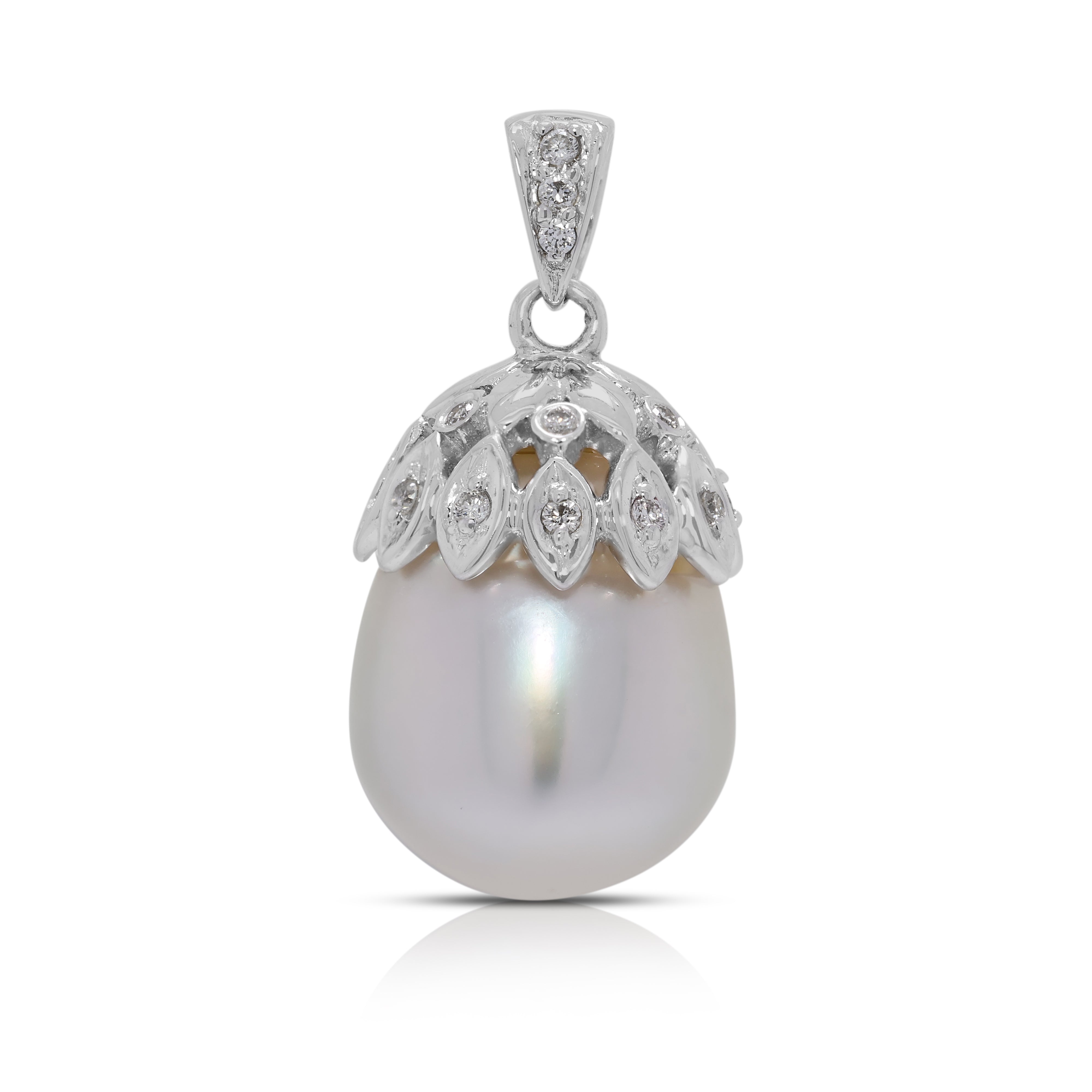 Sophisticated 12.1mm South Sea Pearl & 0.04ct Natural Diamond Pendant in 18K White Gold