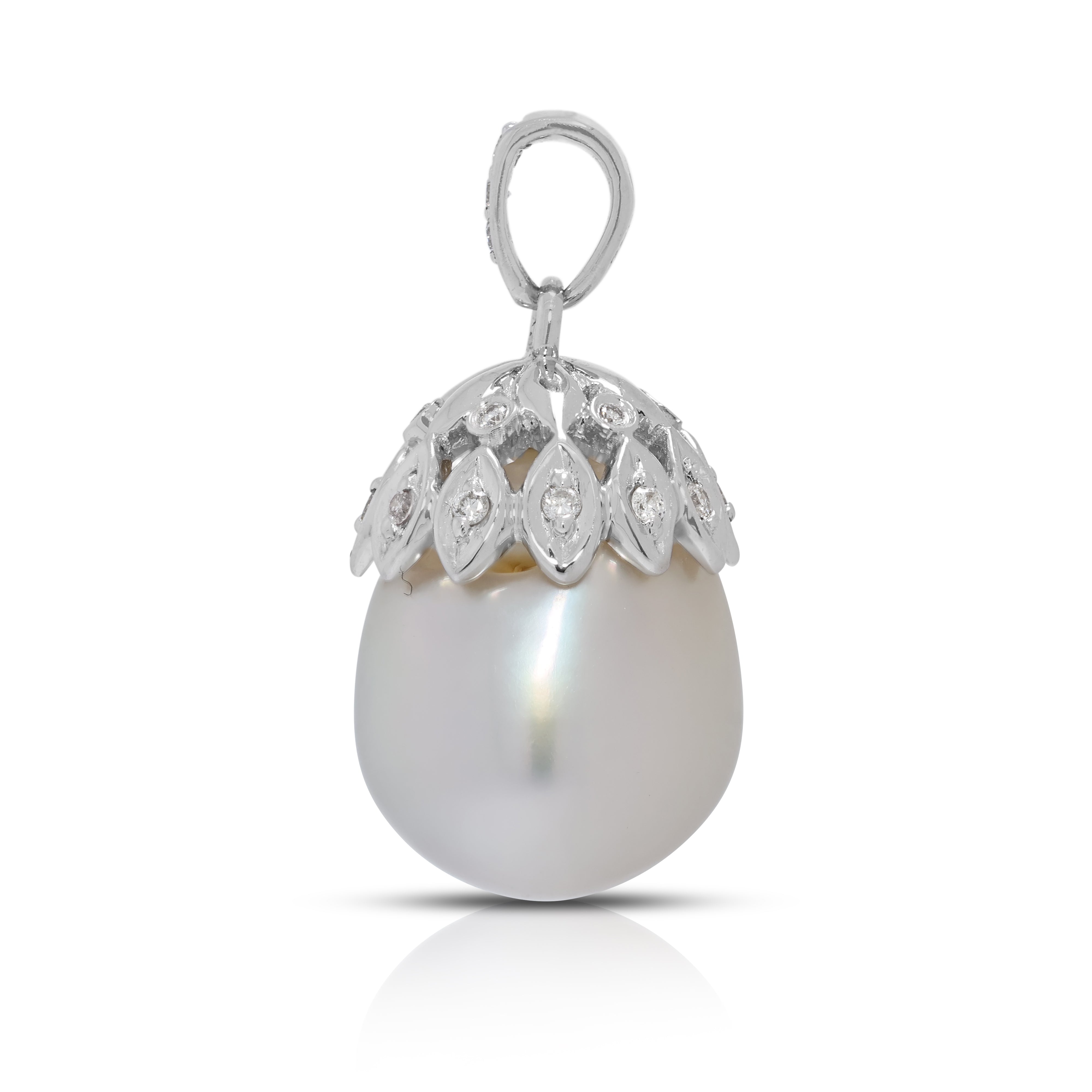 Sophisticated 12.1mm South Sea Pearl & 0.04ct Natural Diamond Pendant in 18K White Gold