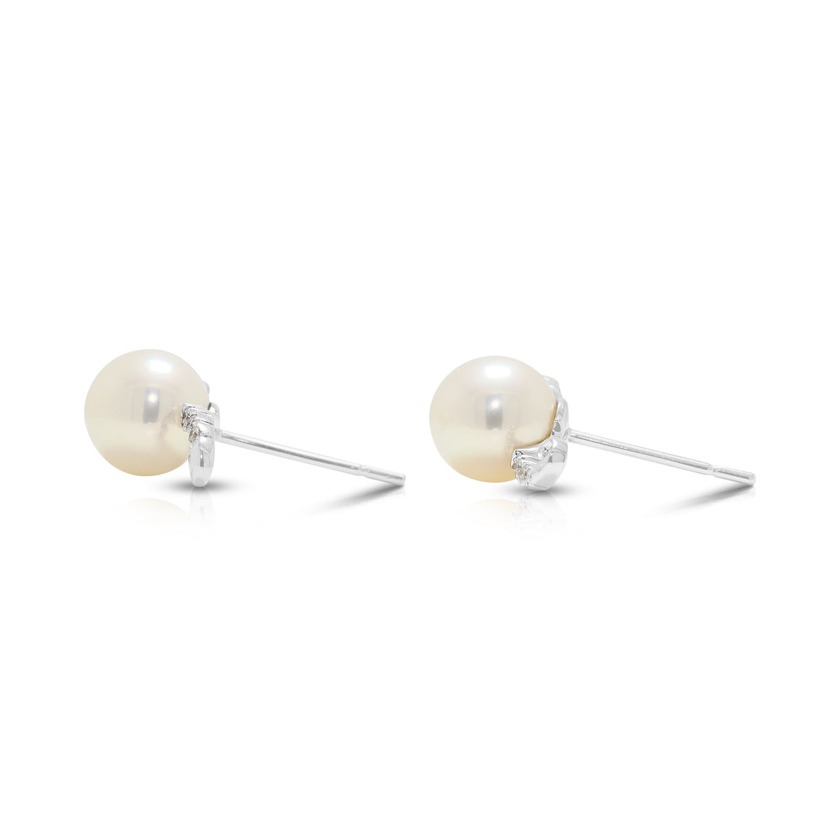 Ethereal 7-7.5mm Pink Akoya Pearl and 0.09ct Natural Diamond Crescent Wave Studs in 18K White Gold