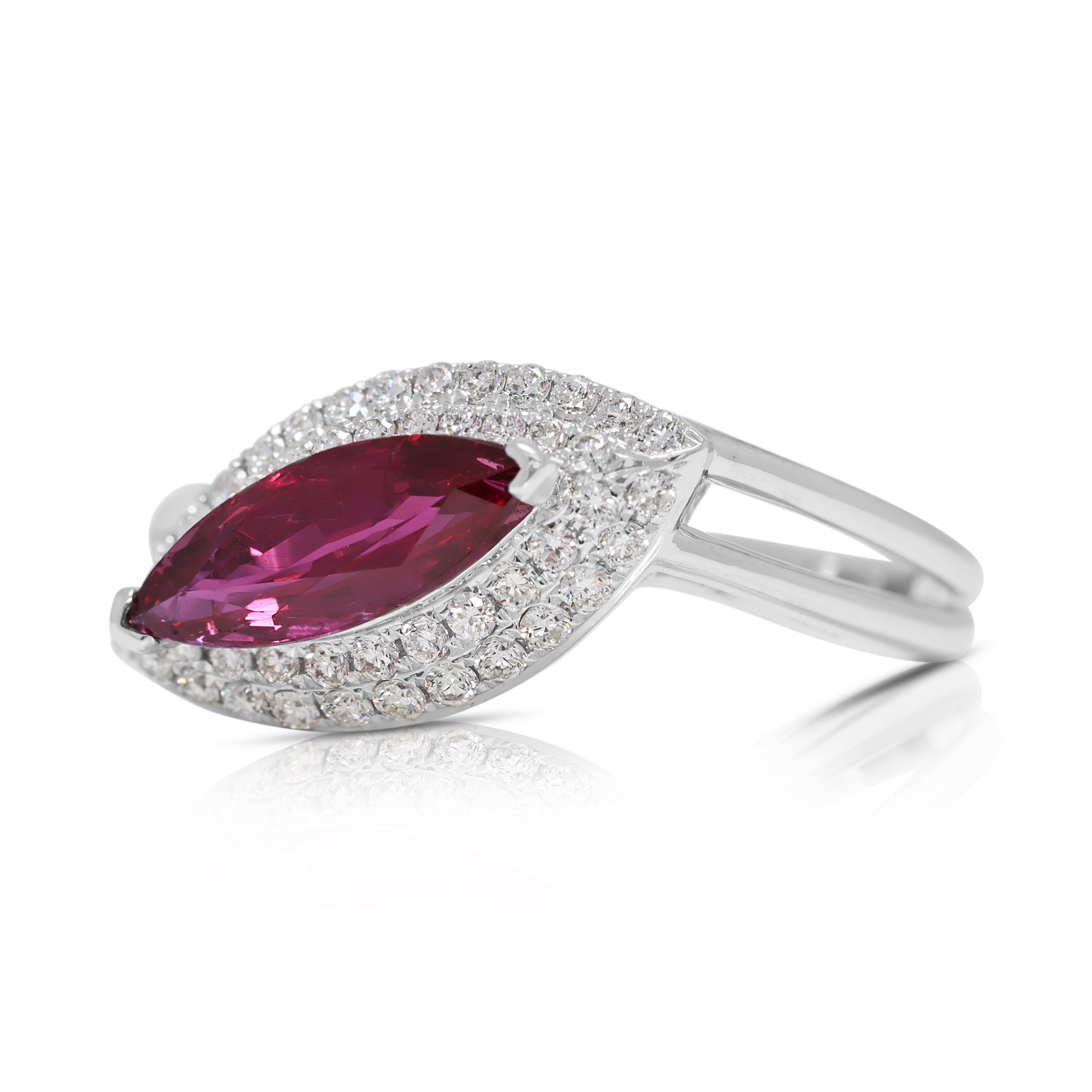 Elegant 1.70ct Marquise Ruby & Natural Diamond Halo Ring in 18K White Gold