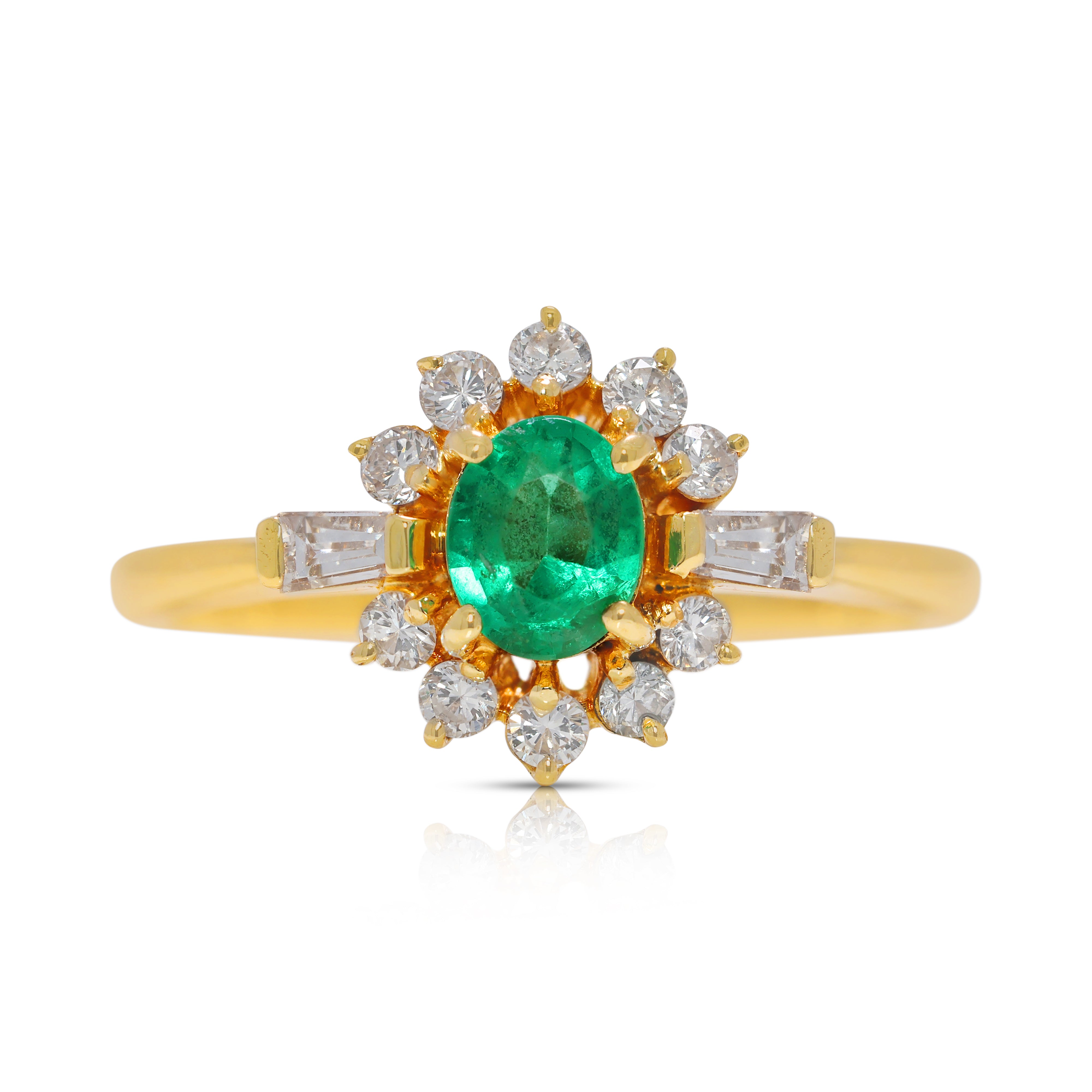 Radiant 0.48ct Emerald & Natural Diamond Halo Ring in 18K Yellow Gold
