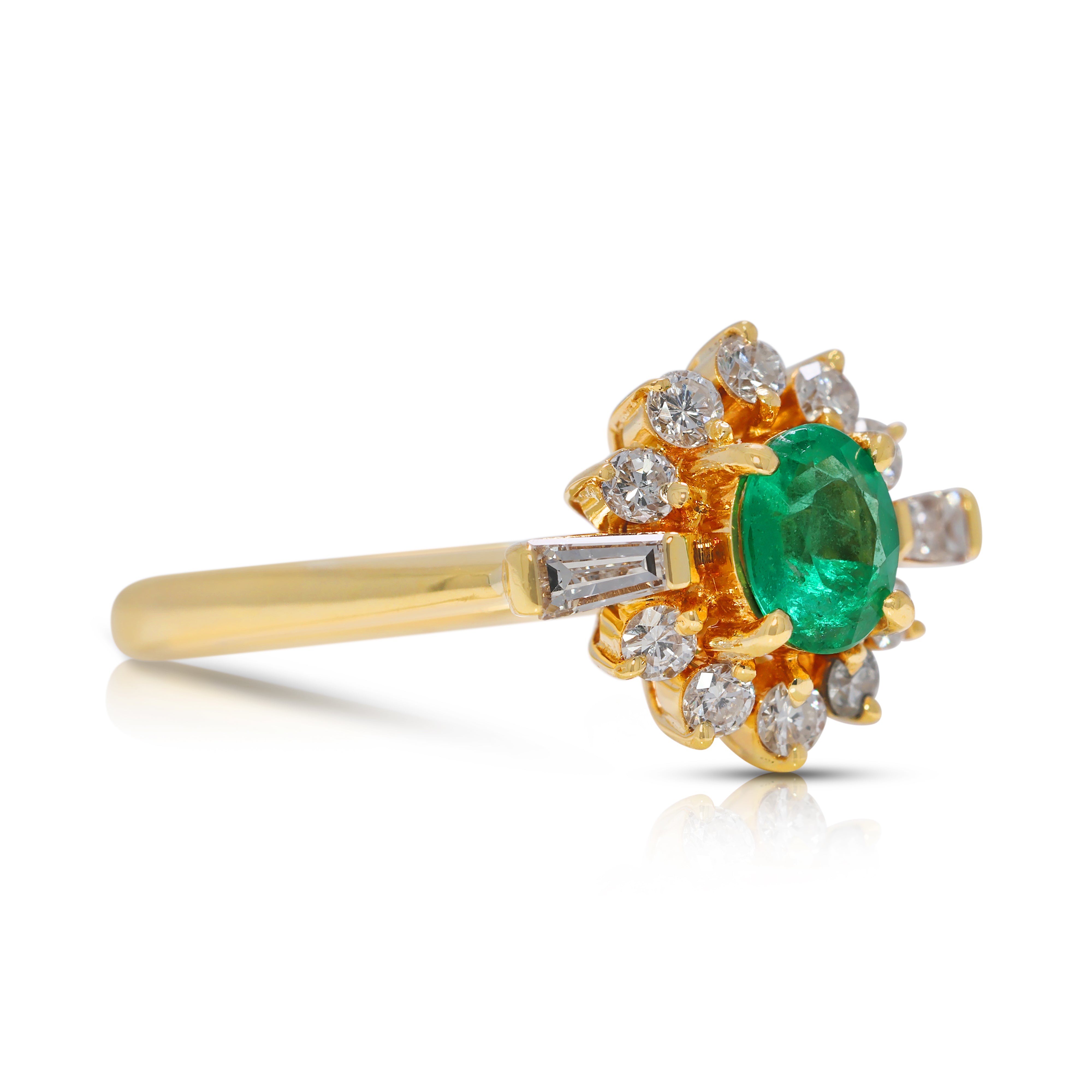 Radiant 0.48ct Emerald & Natural Diamond Halo Ring in 18K Yellow Gold
