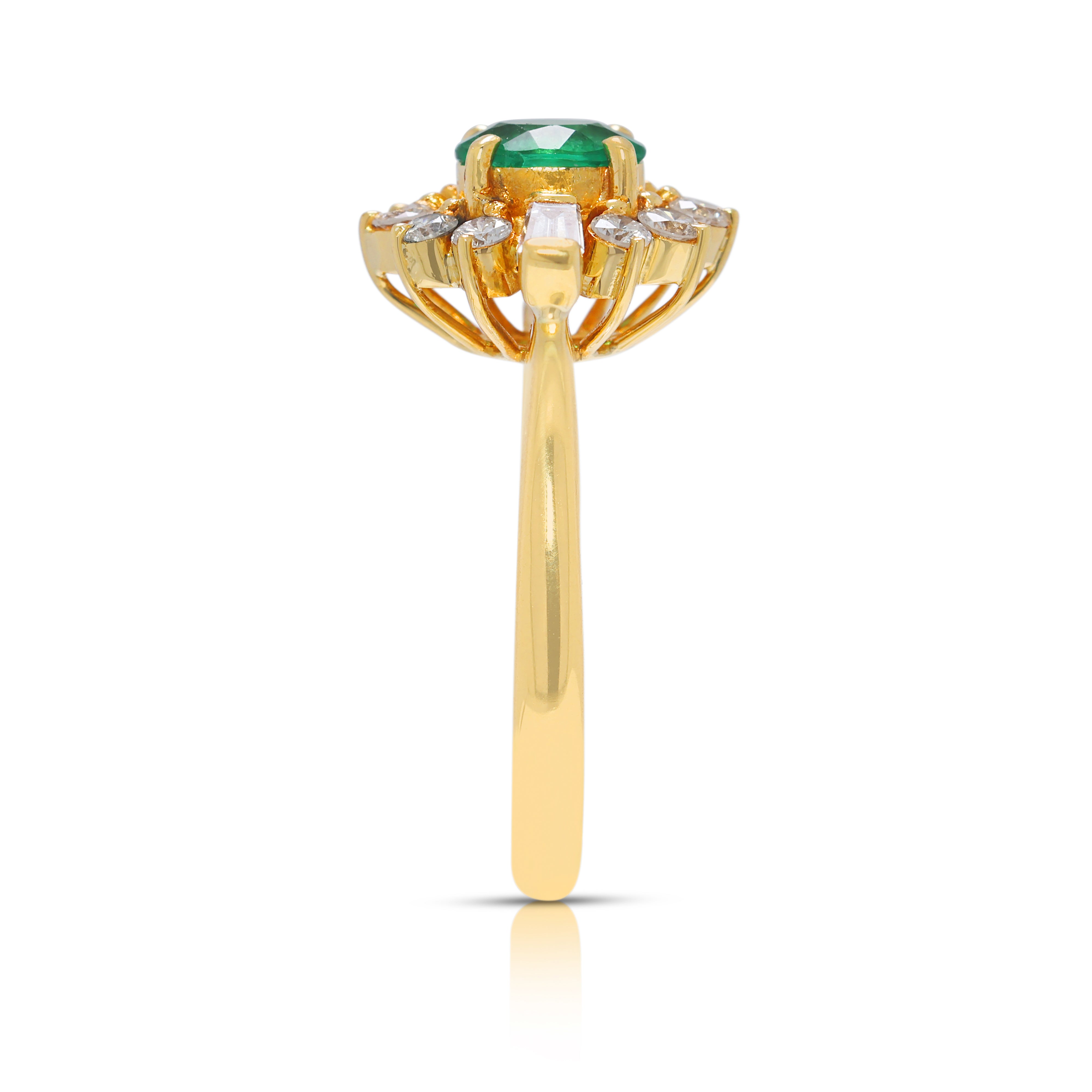 Radiant 0.48ct Emerald & Natural Diamond Halo Ring in 18K Yellow Gold