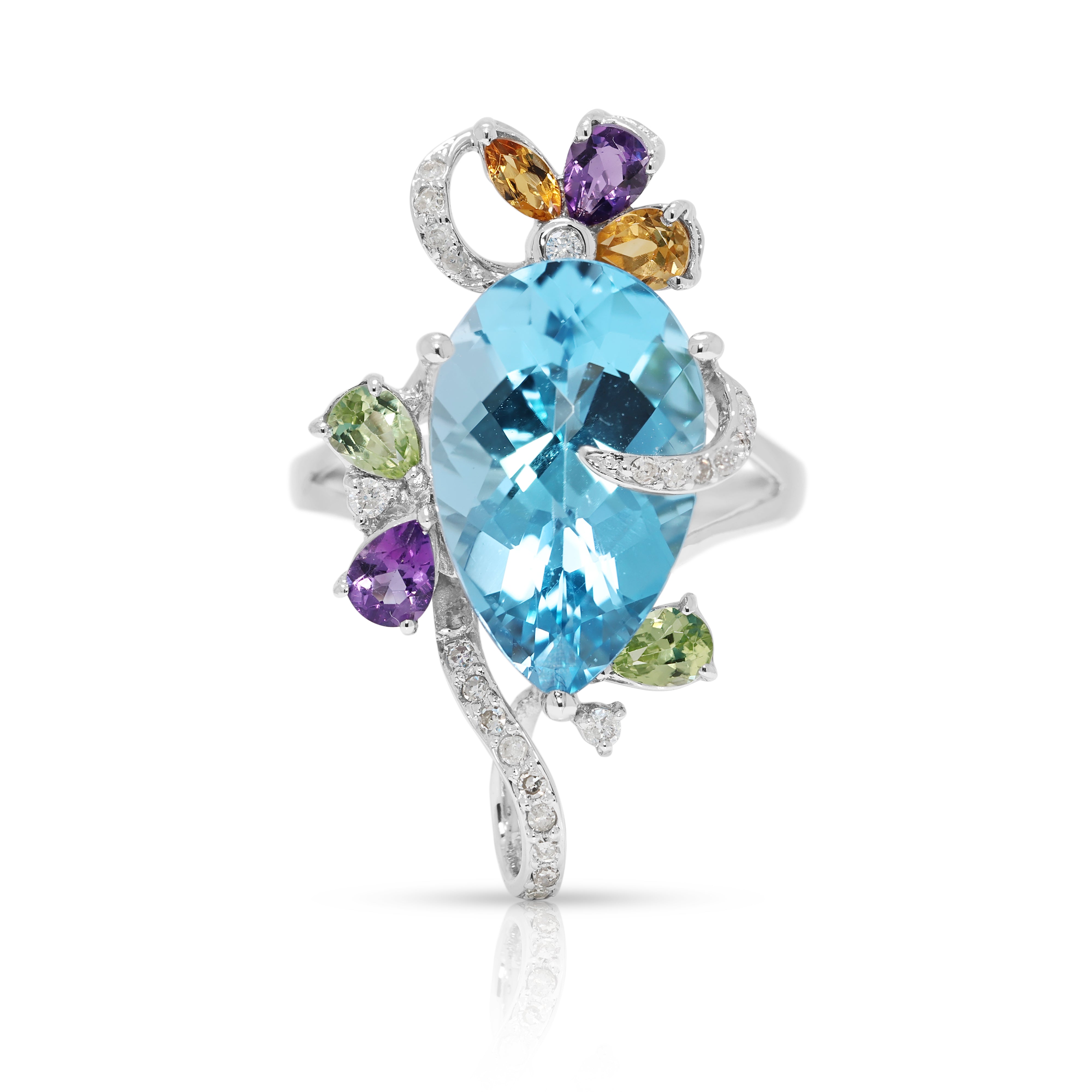 Majestic 8.72ct Blue Topaz & Multi-Gem with Natural Diamond Cocktail Ring in 18K White Gold