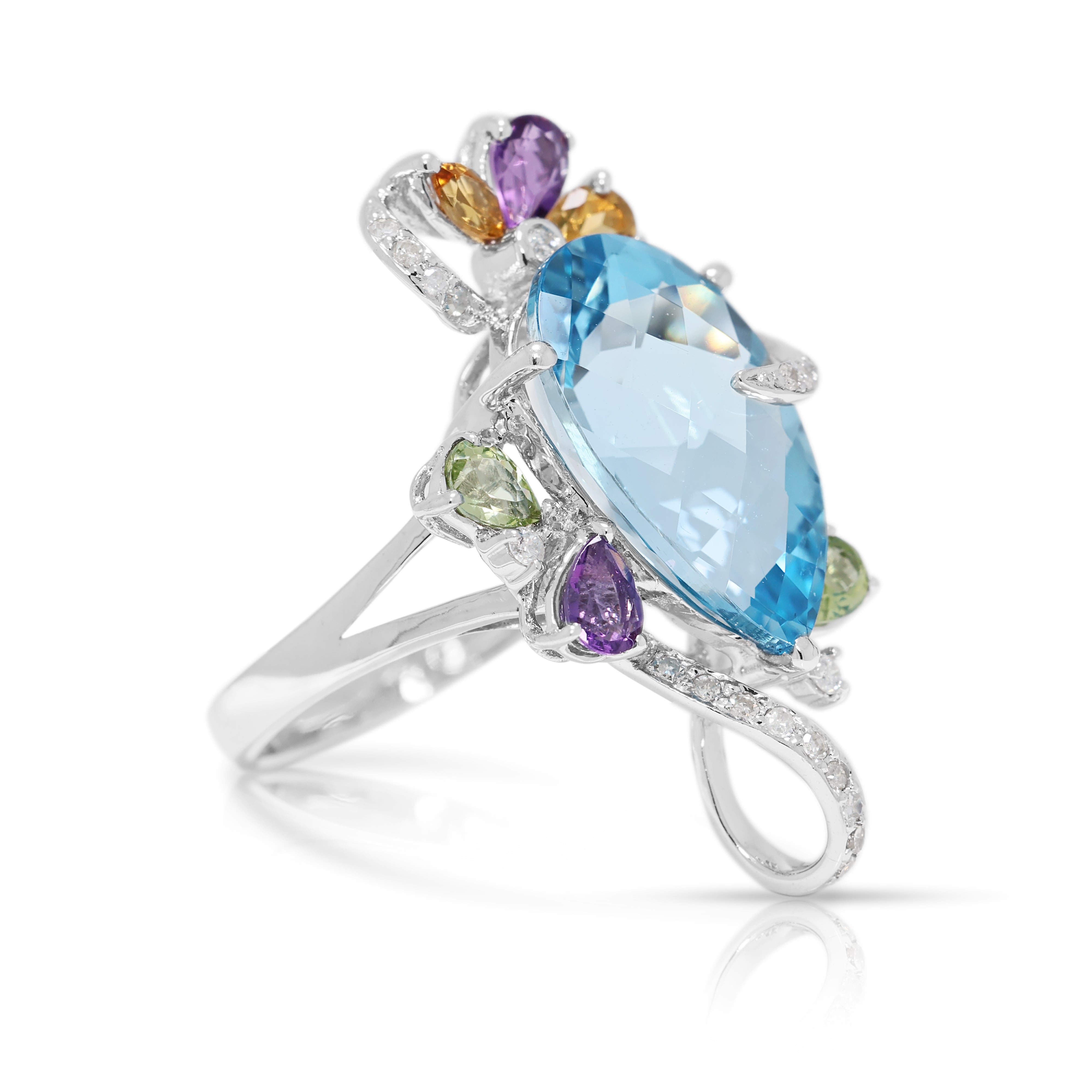 Majestic 8.72ct Blue Topaz & Multi-Gem with Natural Diamond Cocktail Ring in 18K White Gold