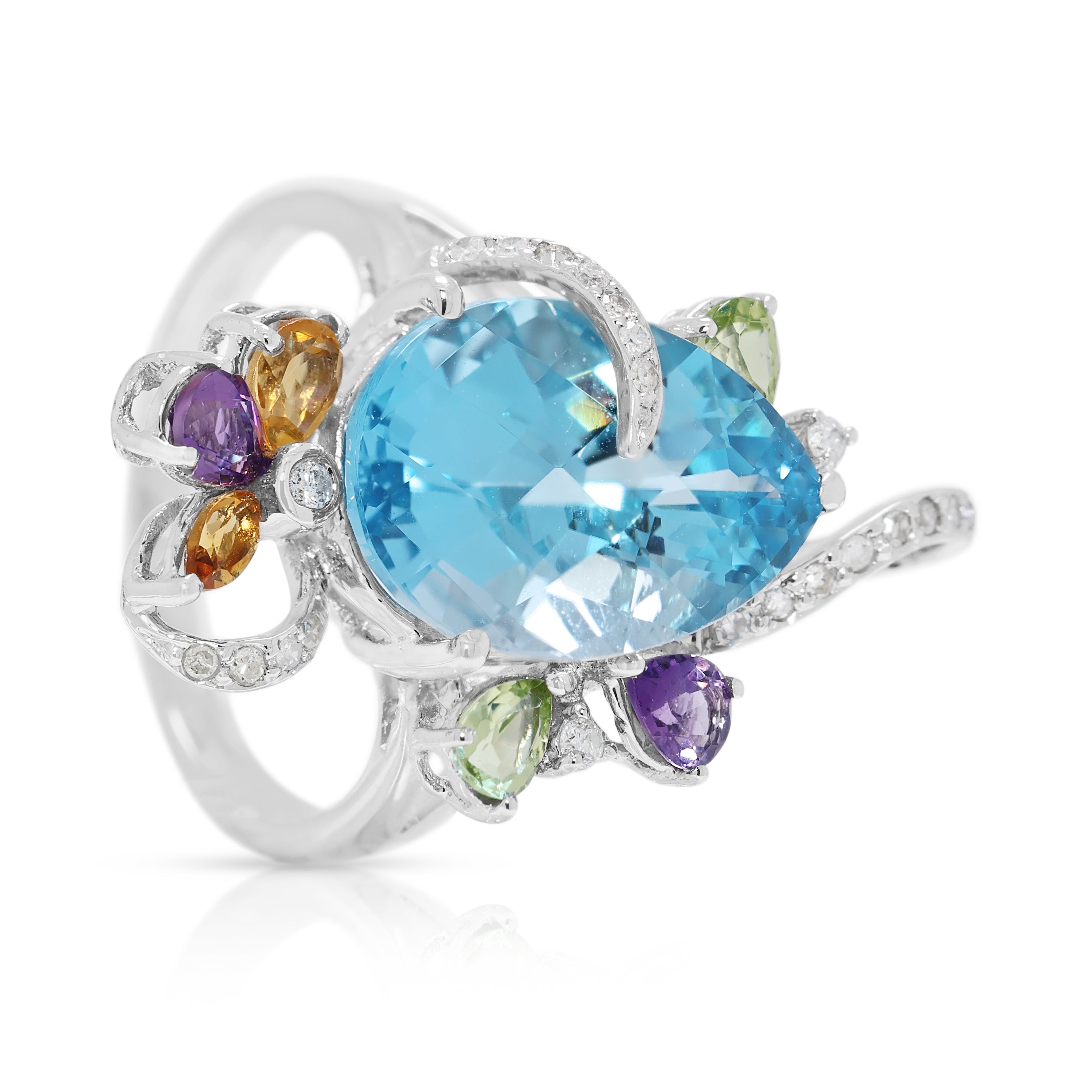 Majestic 8.72ct Blue Topaz & Multi-Gem with Natural Diamond Cocktail Ring in 18K White Gold