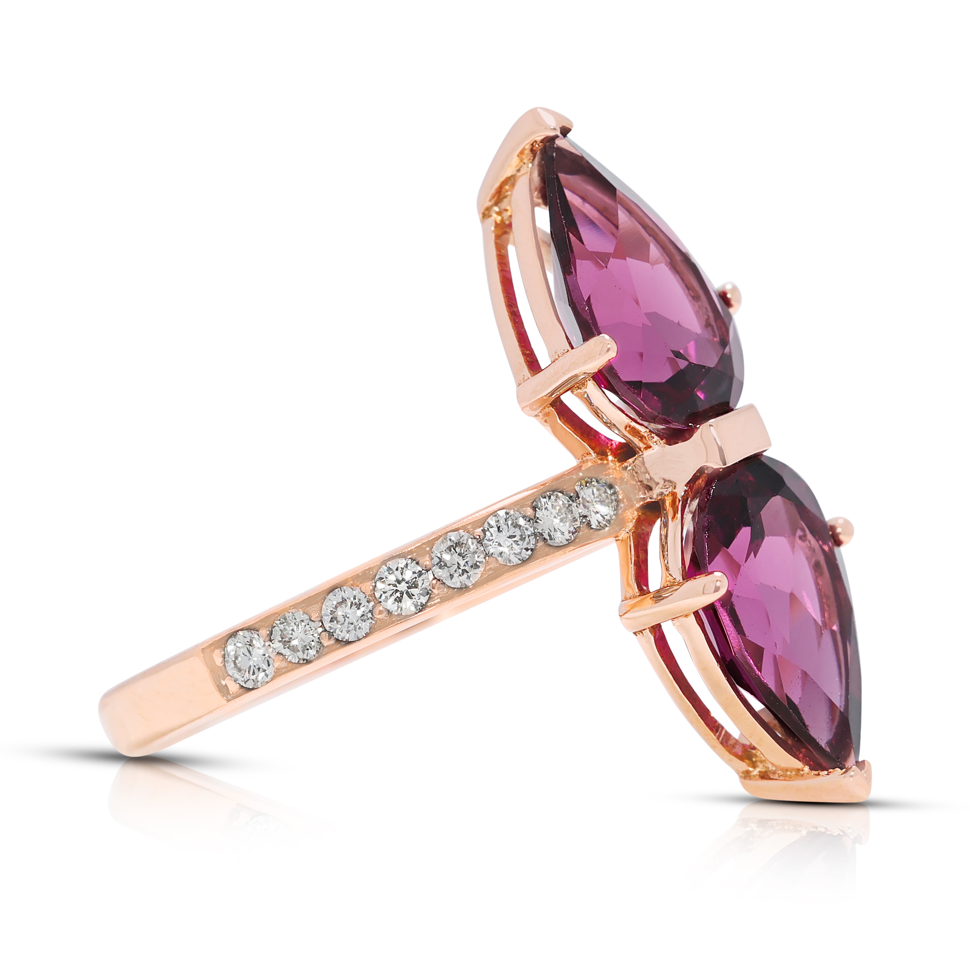 Alluring 3.10ct Purple Tourmaline & Natural Diamond Double Pear Ring in 14K Rose Gold