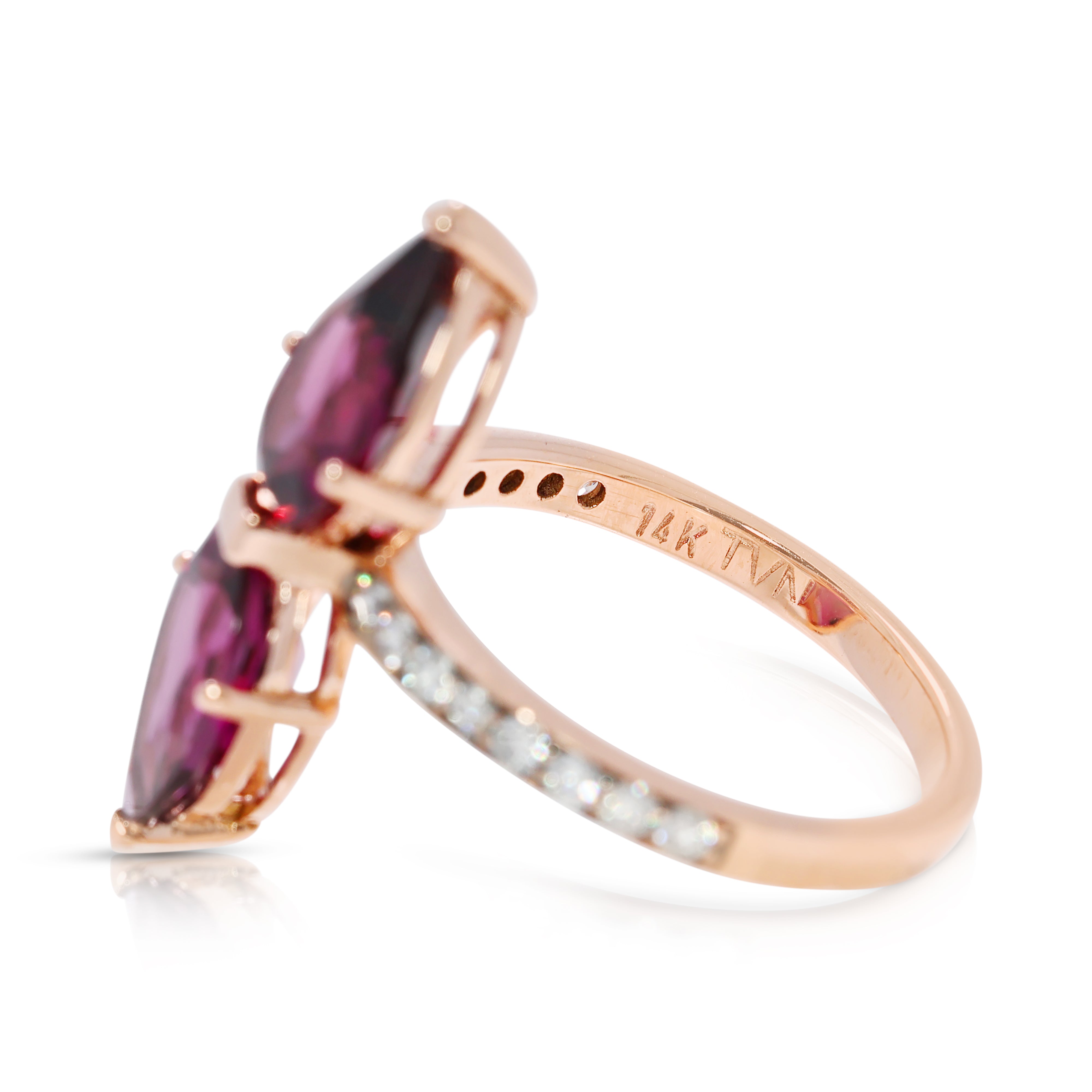 Alluring 3.10ct Purple Tourmaline & Natural Diamond Double Pear Ring in 14K Rose Gold