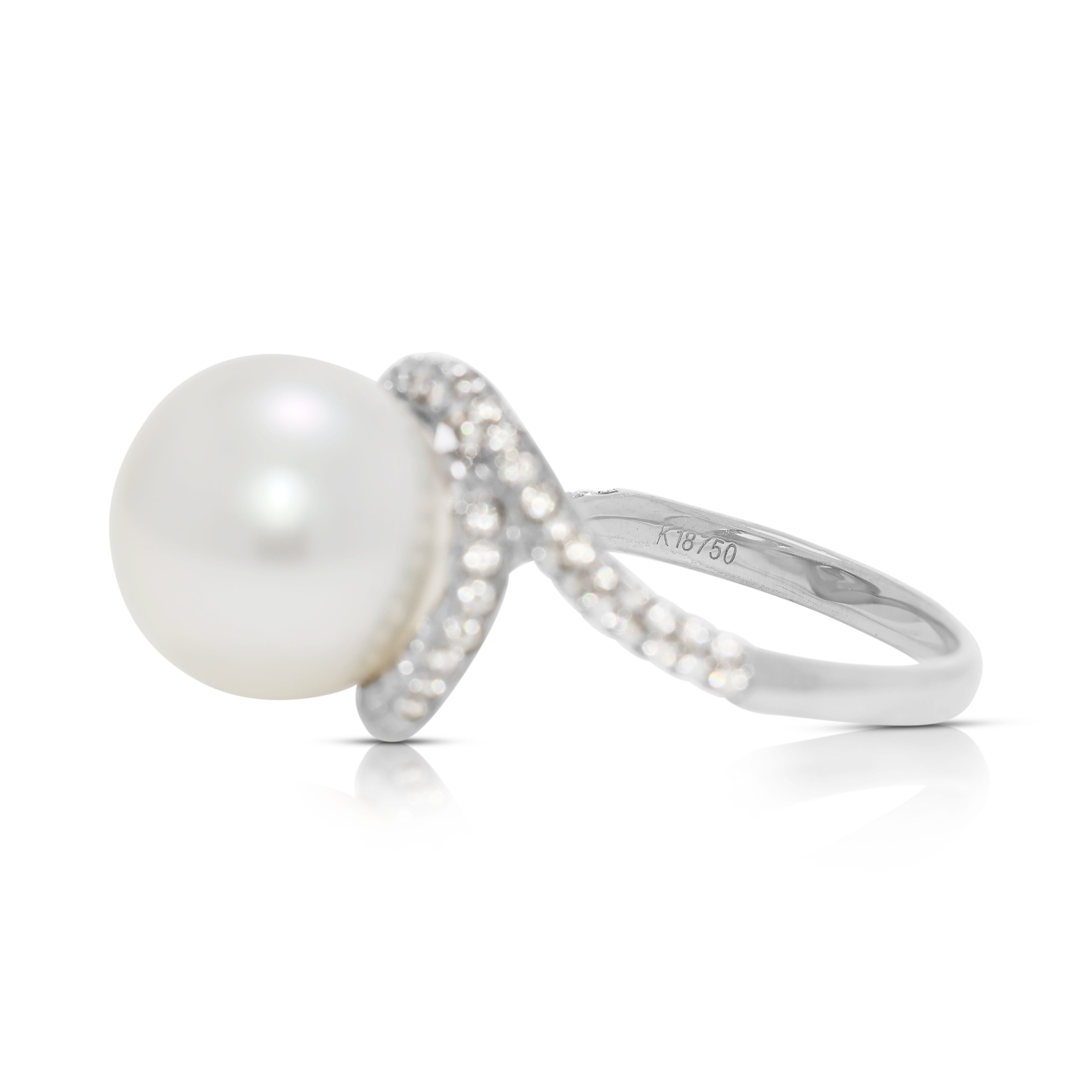 Elegant 0.50ct Natural Diamond & 12mm South Sea Pearl Swirl Ring in 18K White Gold