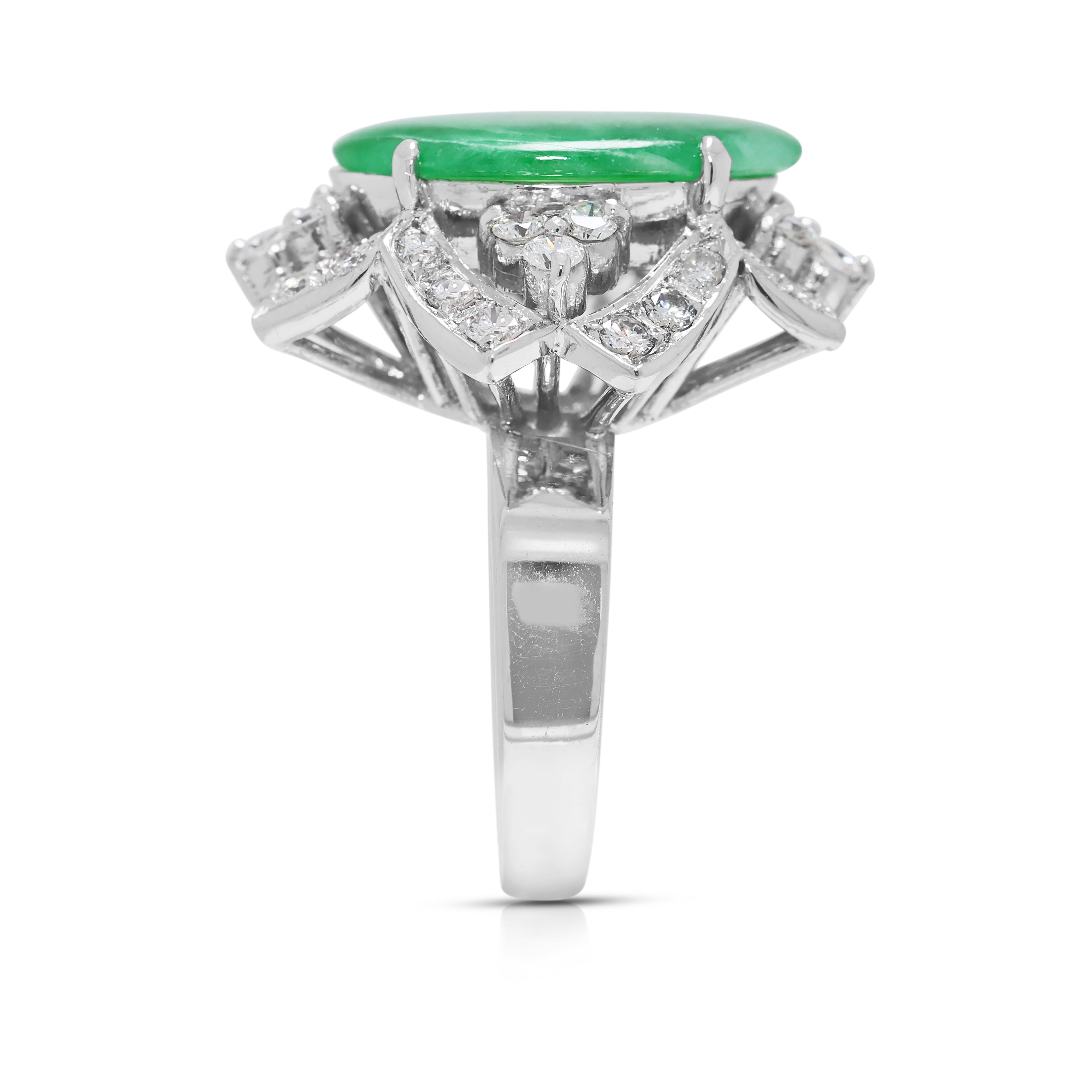 Graceful 1.64ct Jade & Natural Diamond Ring in 7K White Gold