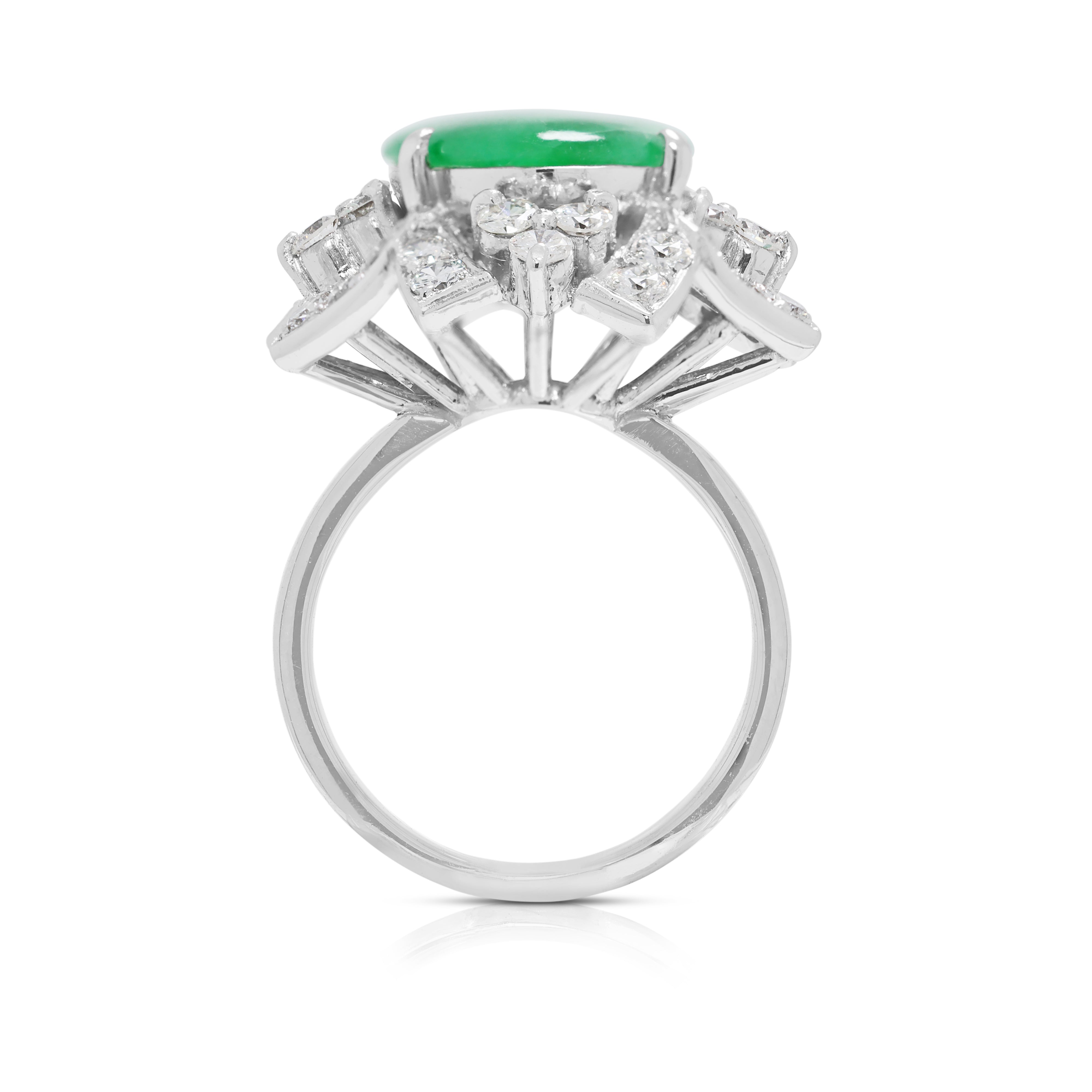 Graceful 1.64ct Jade & Natural Diamond Ring in 7K White Gold