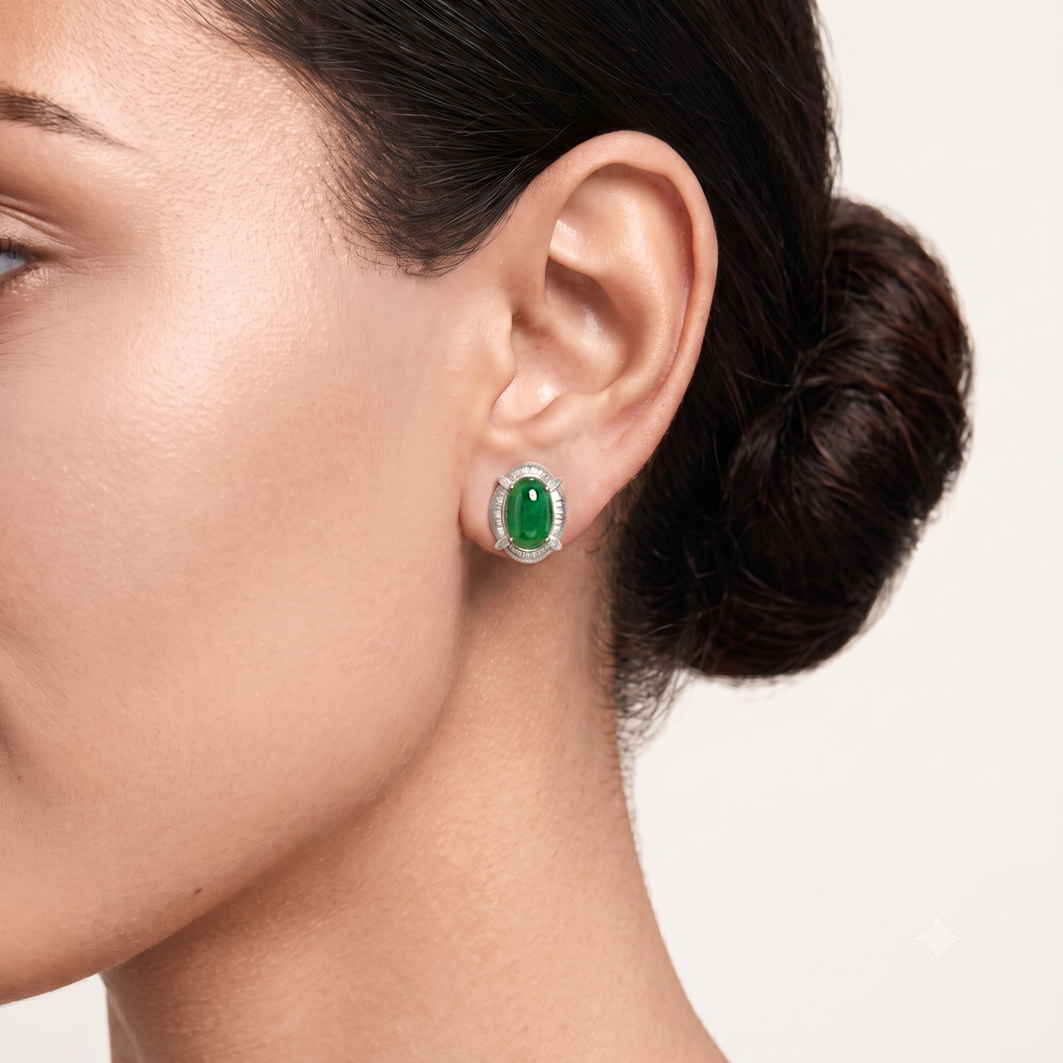 Verdant Natural Type-A Jadeite Jade and 0.44ct Natural Diamond Sunburst Halo Stud Earrings in 18K White Gold with NGI Certificate
