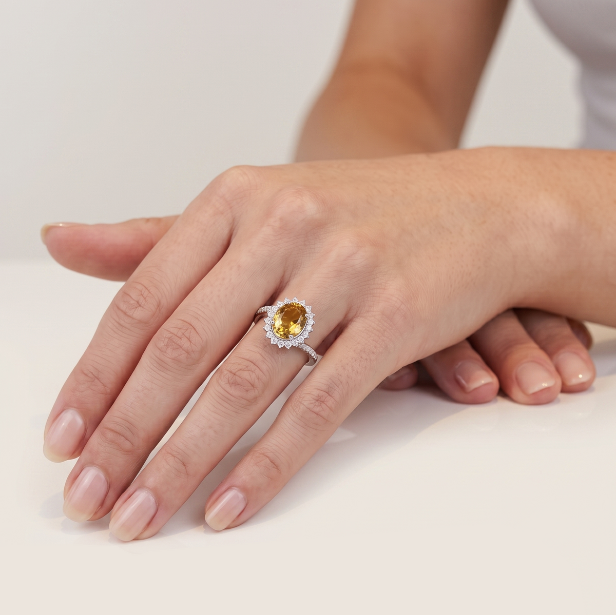 Vibrant 4.81ct Yellow Sapphire and 0.27ct Natural Diamond Bypass Halo Ring in 9K White Gold