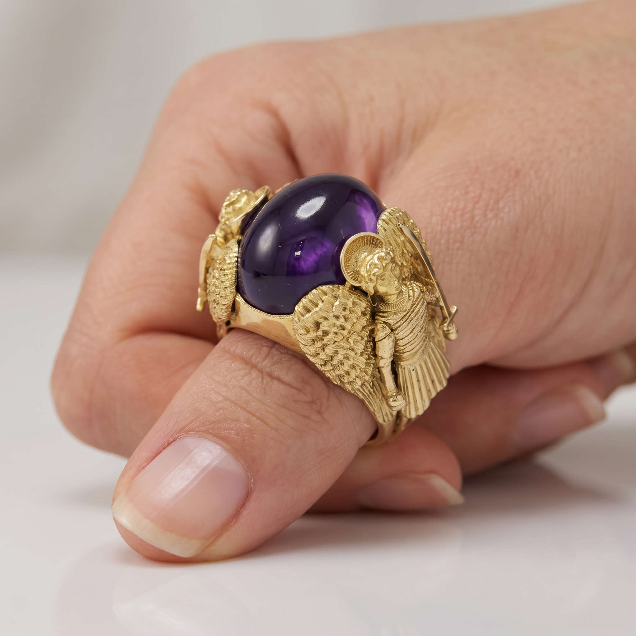 Sovereign 45.00ct Amethyst Cabochon Archangel Secret Compartment Ring in 18K Yellow Gold