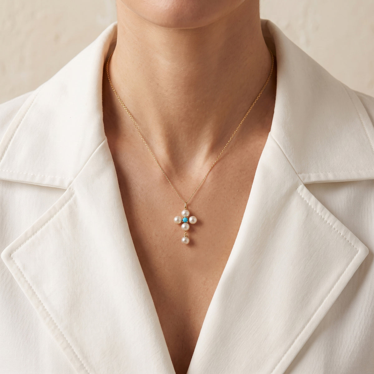Enchanting Pink Akoya Pearl and Blue Turquoise Cross Drop Pendant in 14K Rose Gold
