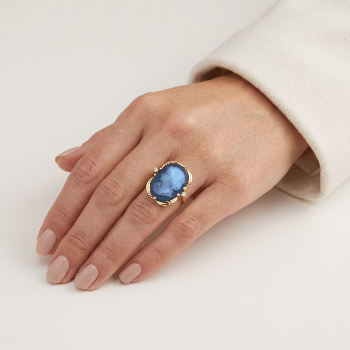 Enchanting Carved Blue Agate Cameo and 0.06ct Natural Diamond Ring in 14K Yellow Gold