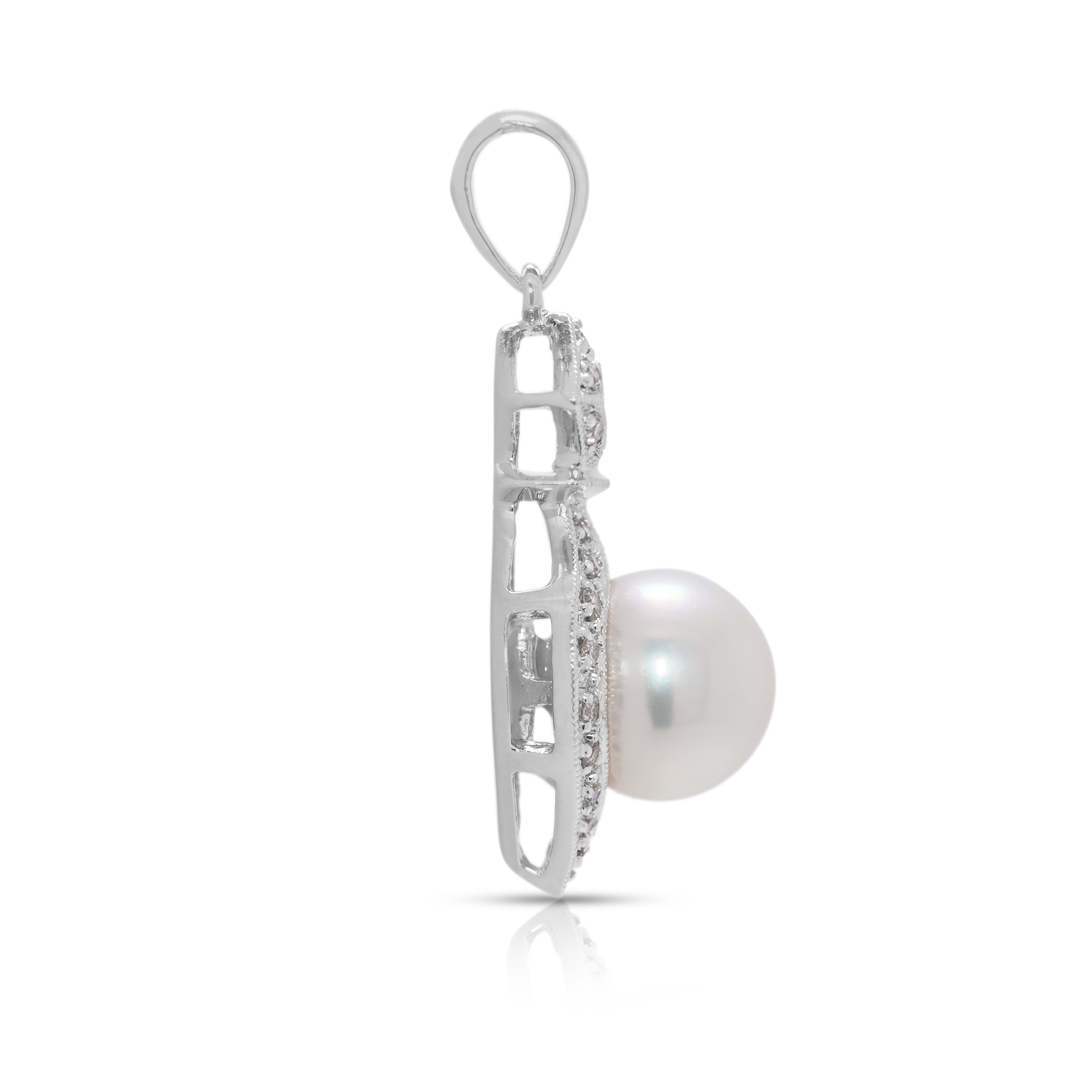 Ornate 8mm Akoya Pearl & 0.17ct Natural Diamond Pendant in 18K White Gold (New)