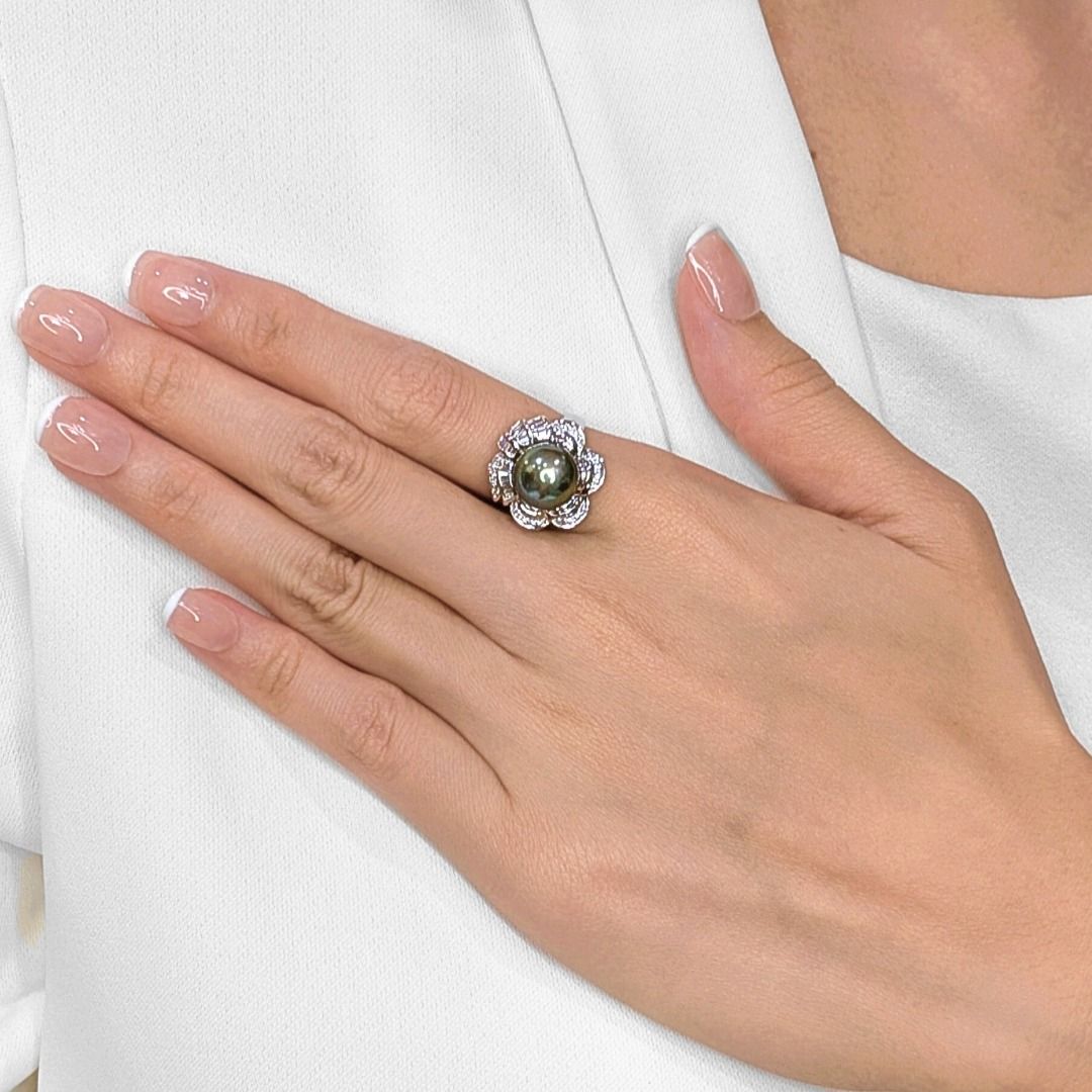 Floral-Inspired Tahitian Pearl & 0.43ct Natural Diamond Ring in 18K White Gold (New)